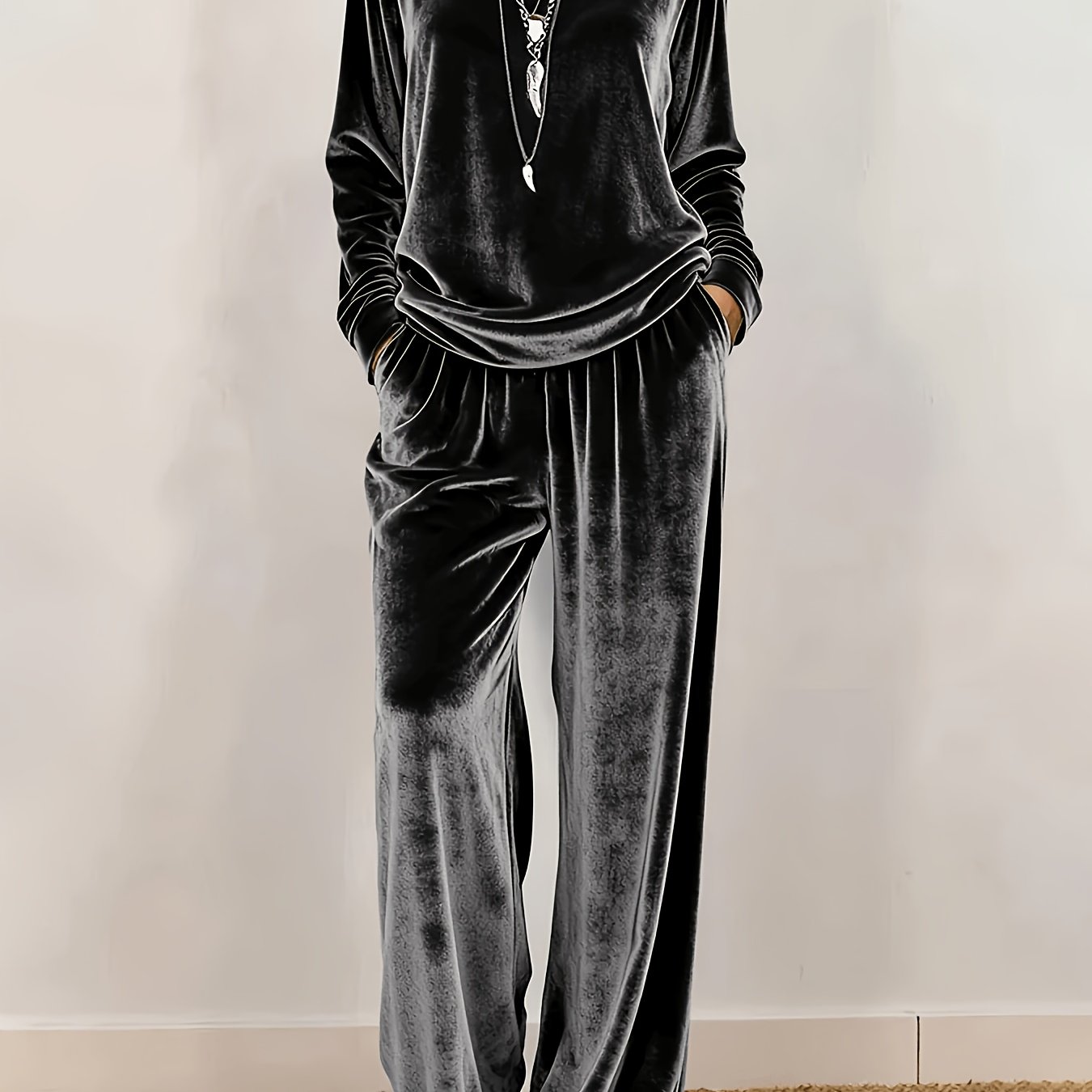 TEMU Velvet Round Neck Long Sleeve Top And Wide-leg Pants Two-piece Set For Women, Loose Drapey Casual Suit