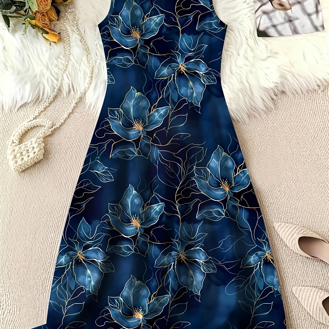 TEMU Plus Size - Large Women's Fashionable Floral Print Elegant Sleeveless Round Neck Mid-length Loose Dress