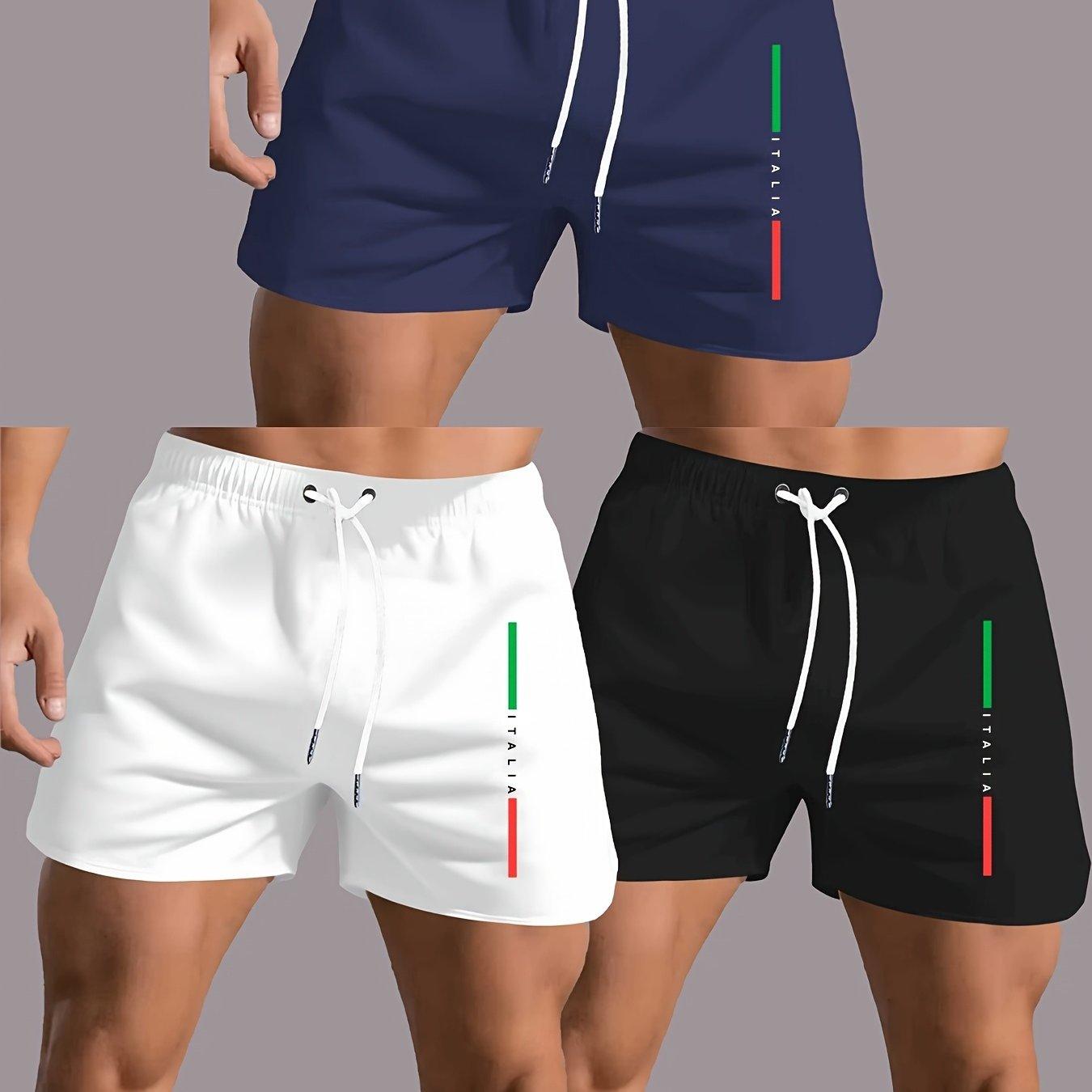 Image of 3pcs Men's Quick-drying Sports - Lightweight Beach Shorts With Side Pouches, Navy Running Surf Swimming Pants- Summer Essential Swimwear, Outdoor Activities, , Suitable For Fitness Lovers