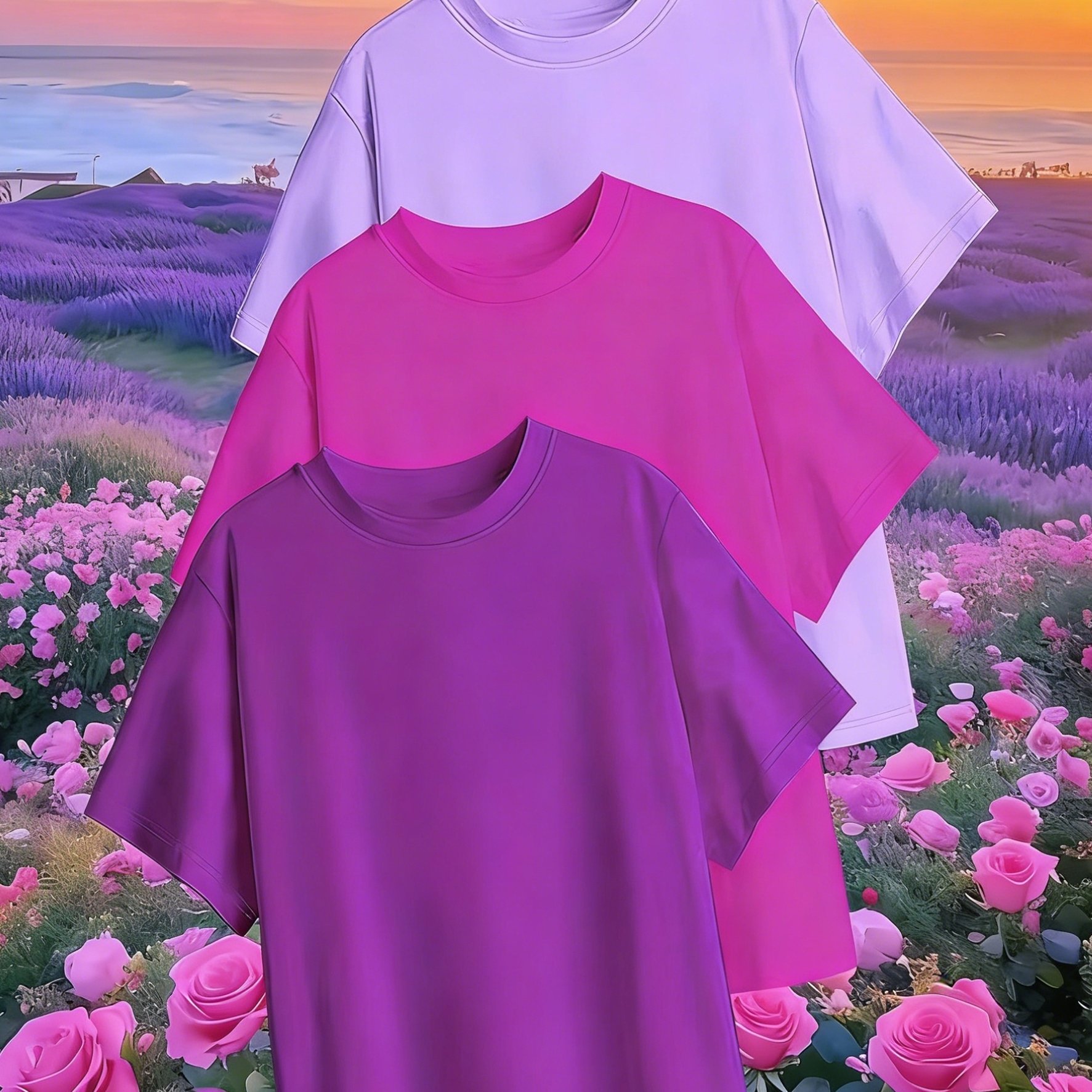 TEMU 3pcs T-shirt Set - Solid Color - Dark Purple - Light Purple - Rose Red - Soft And Casual Crew Neck Short-sleeve Top - Women's Clothing - For