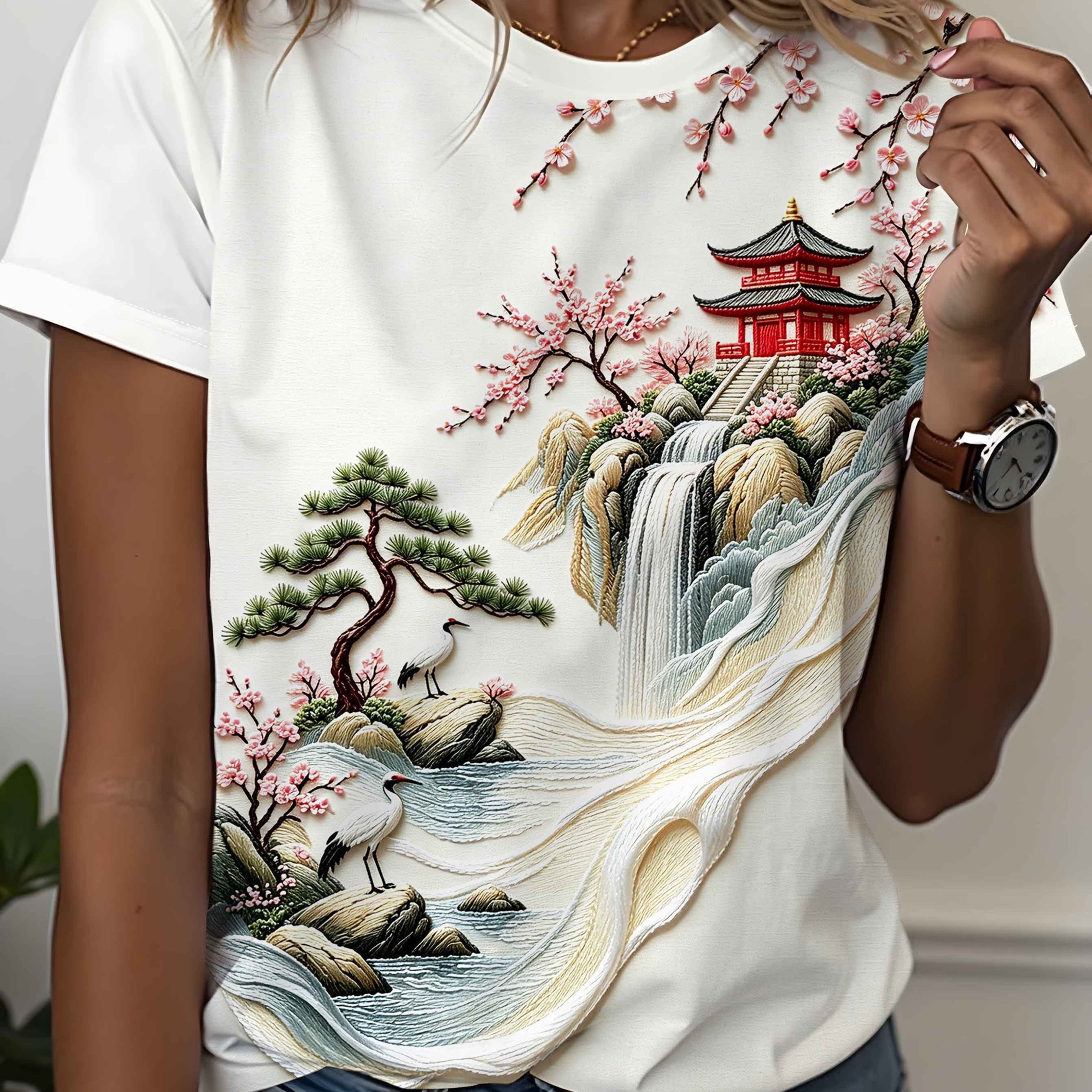 TEMU 2d Printed Design, Not Actual Texture. Women's Summer Round-neck T-shirt With Oriental Charm Chinese-style Landscape Imitation Embroidery Print.