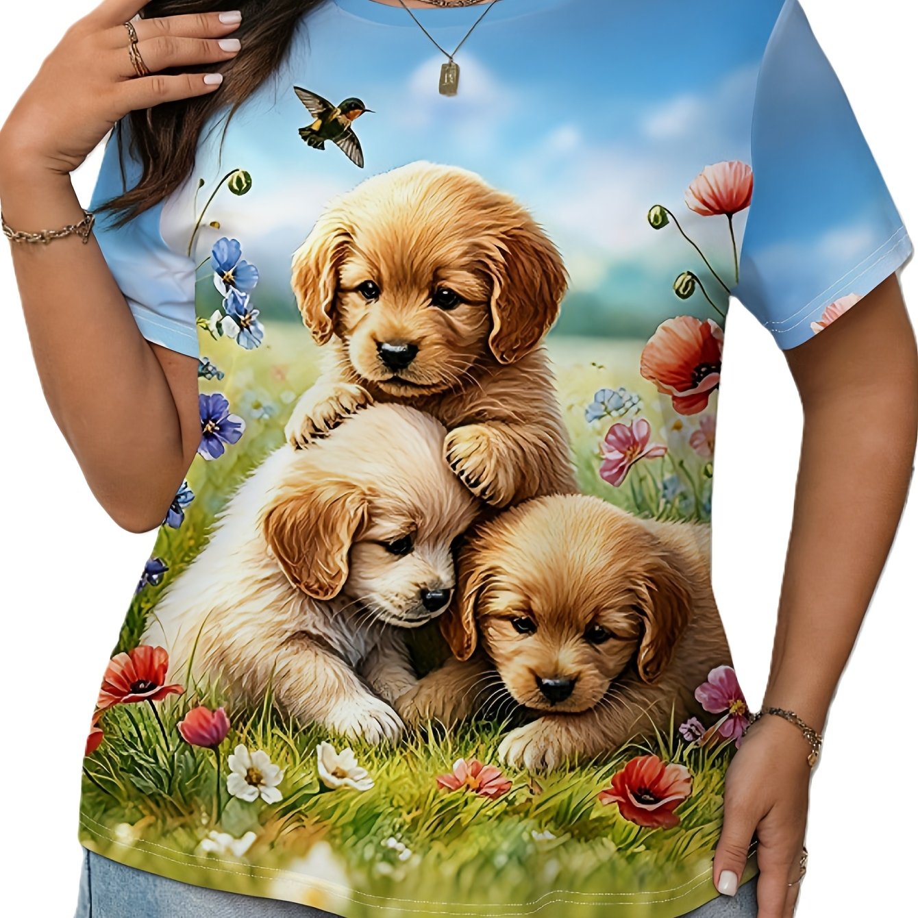 TEMU Printed Design - Not Textured Golden Retriever Puppy Print Women's Short Sleeve T-shirt, Vibrant Artistic Illustration Style, Cute Fashion