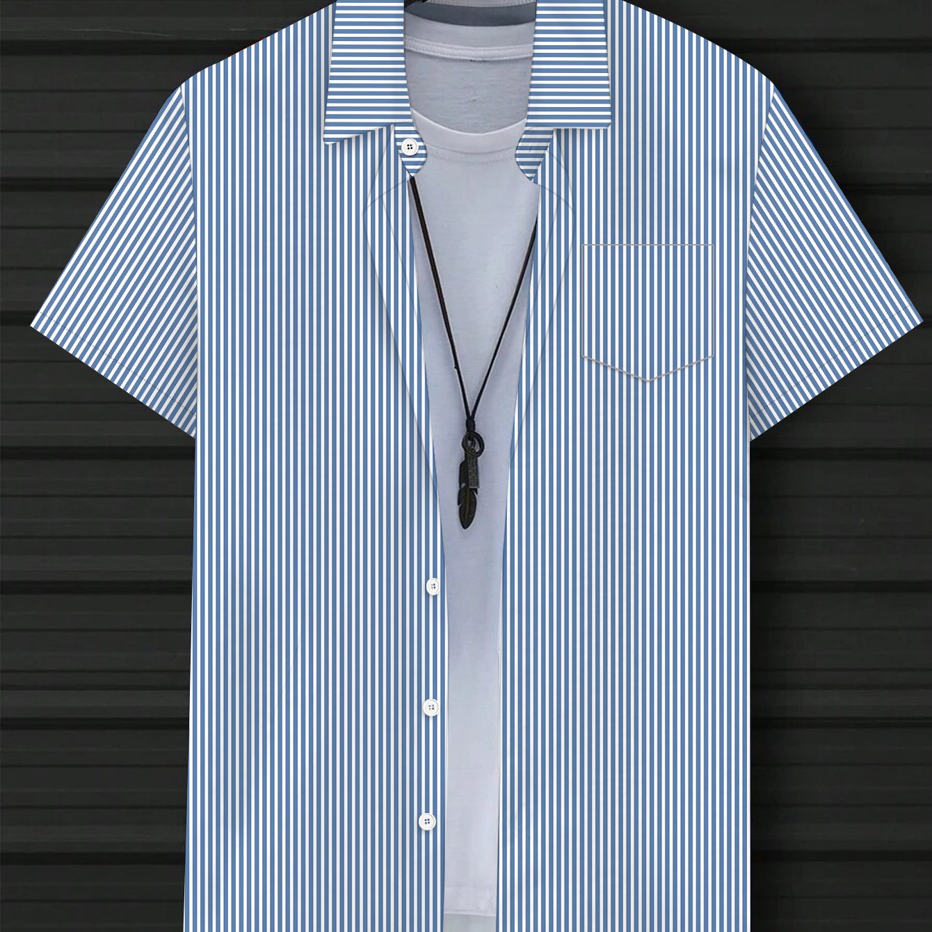 TEMU Light Blue Striped Casual Short-sleeve Shirt For Men, Plus Size