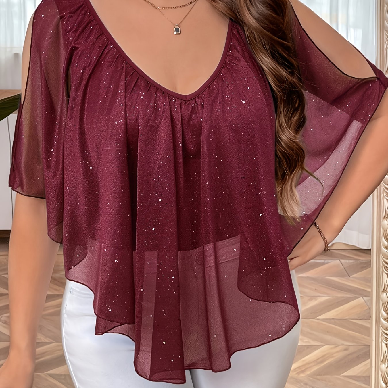 Plus Size - Plus Size - Border European And American Solid Color V Neck Pleated Minimalist T-shirt