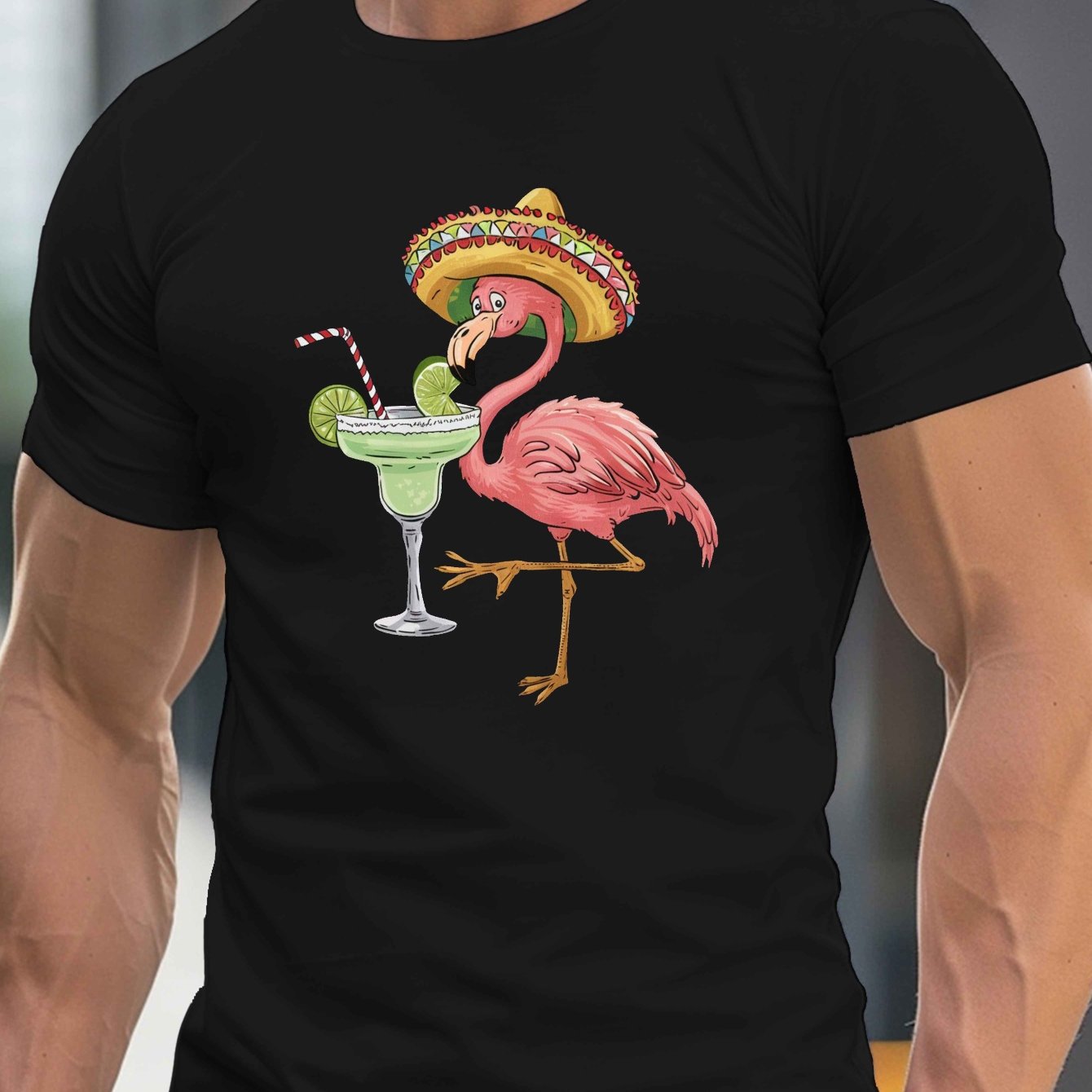 TEMU Men's Flamingo Sombrero Print T-shirt - Casual Crew Neck, Short Sleeve, Lightweight & Comfy Summer Tee
