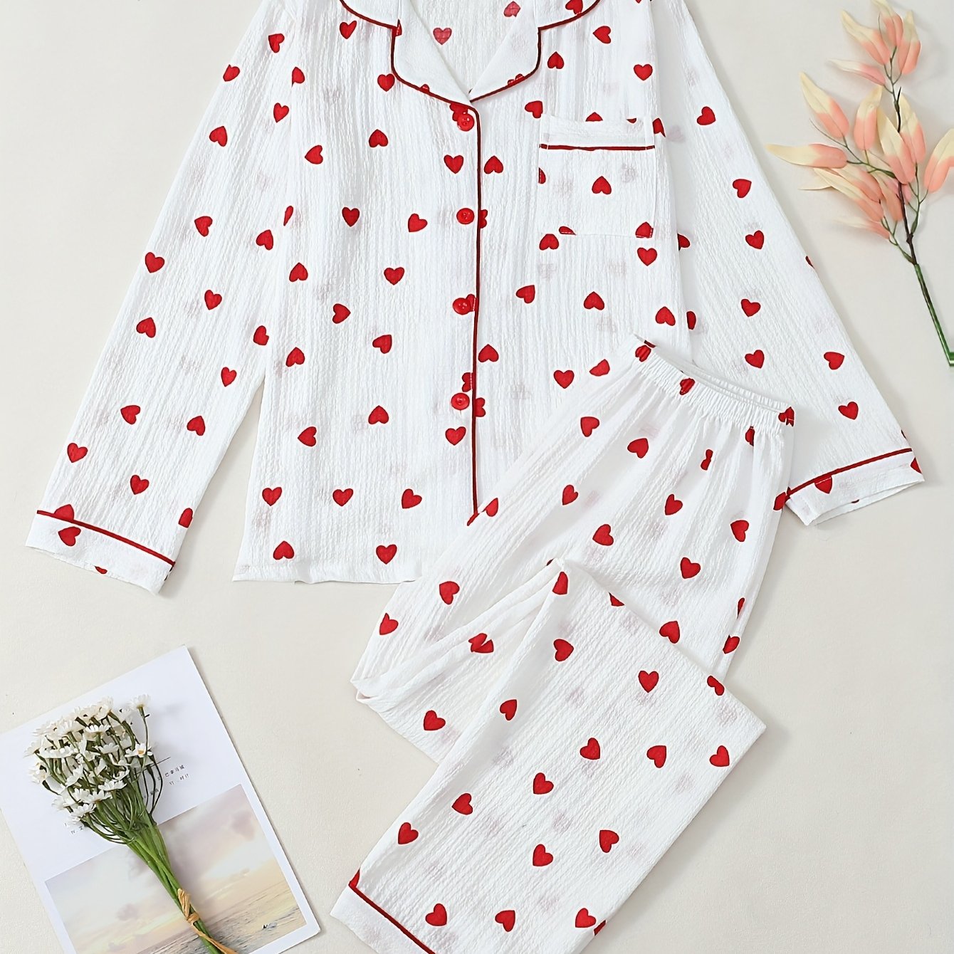 E-shop Herbst/Winter Damen Bequemer Herzdruck Casual Pyjama 2-teilig - 1 Langarm-Top mit + 1 Hose