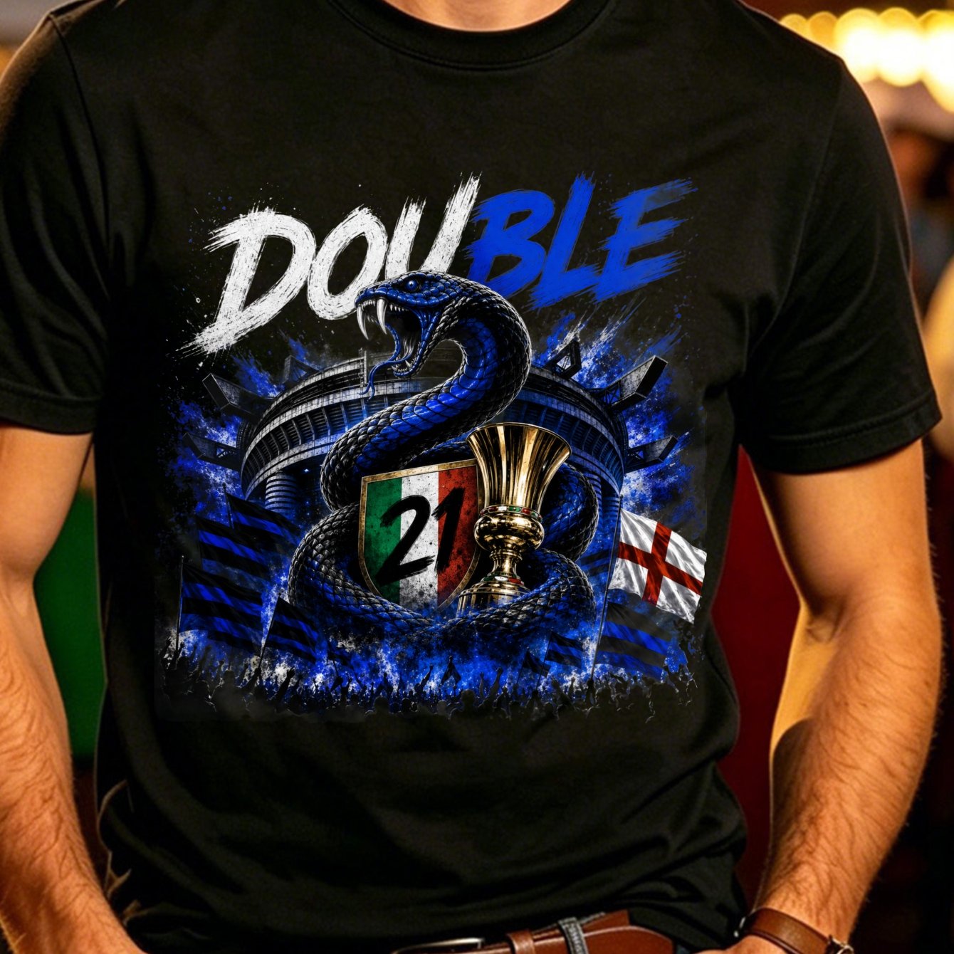 Image of New Style Italian 21 Snake And With Stars Football Trophy And Text Campioni 2025 2026 Ocean Statement Trendsetting Short-sleeve T-shirt Eco Anime Neon