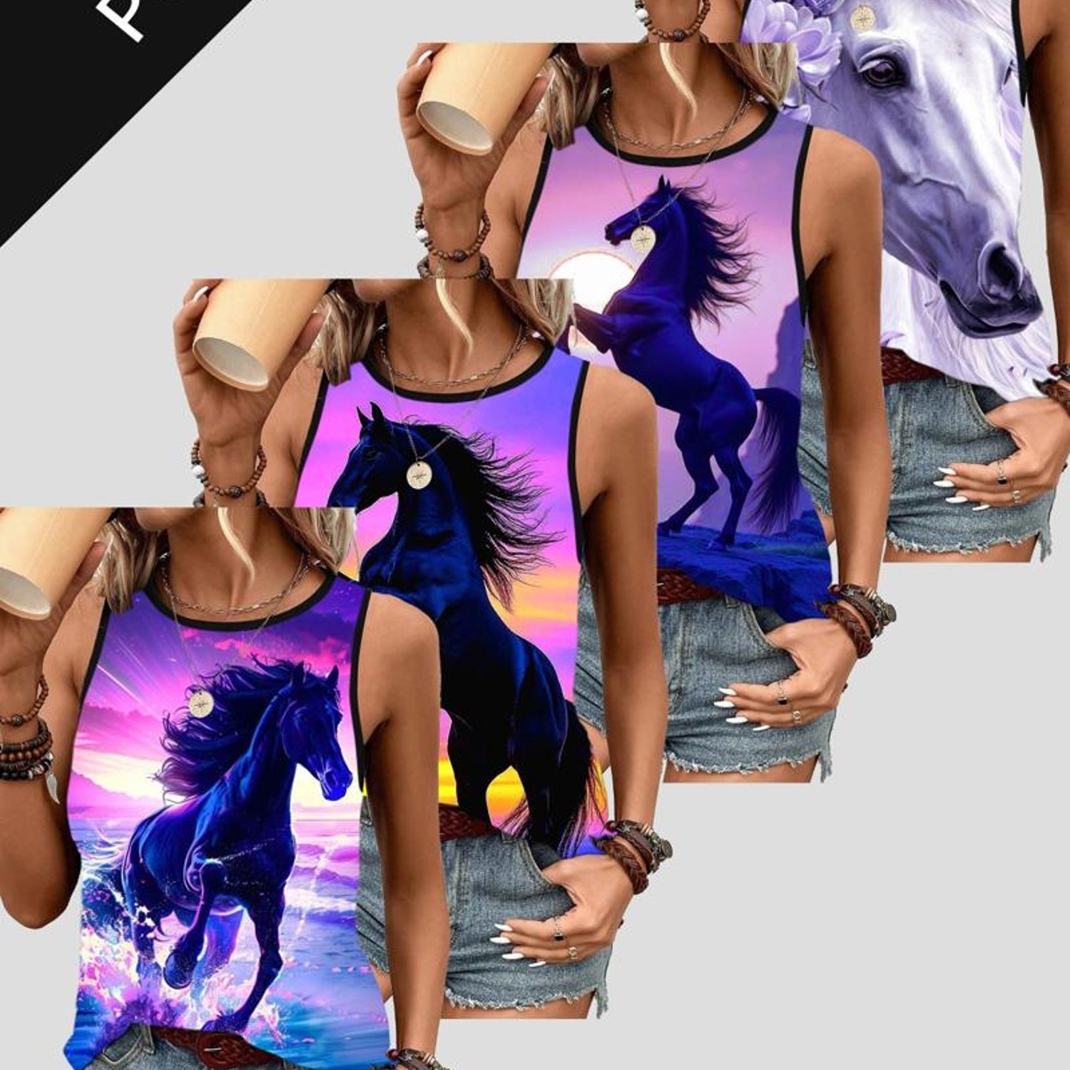 TEMU 4 - Piece Women' - Themed Tank Tops Set, Mixed Colors, Multiple Sizes, Polyester Material, Casual Stylish Design, Black Trim, Perfect For Daily