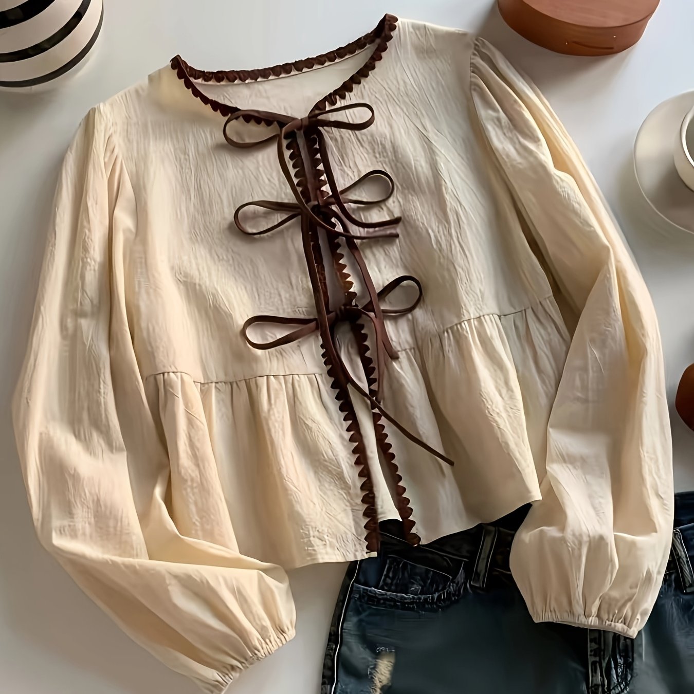 TEMU Spring Women's Floral Embellished Front Neck Lantern Sleeve Ruffle Hem Fashion Long Sleeve Shirt, Casual Outing Matching Top