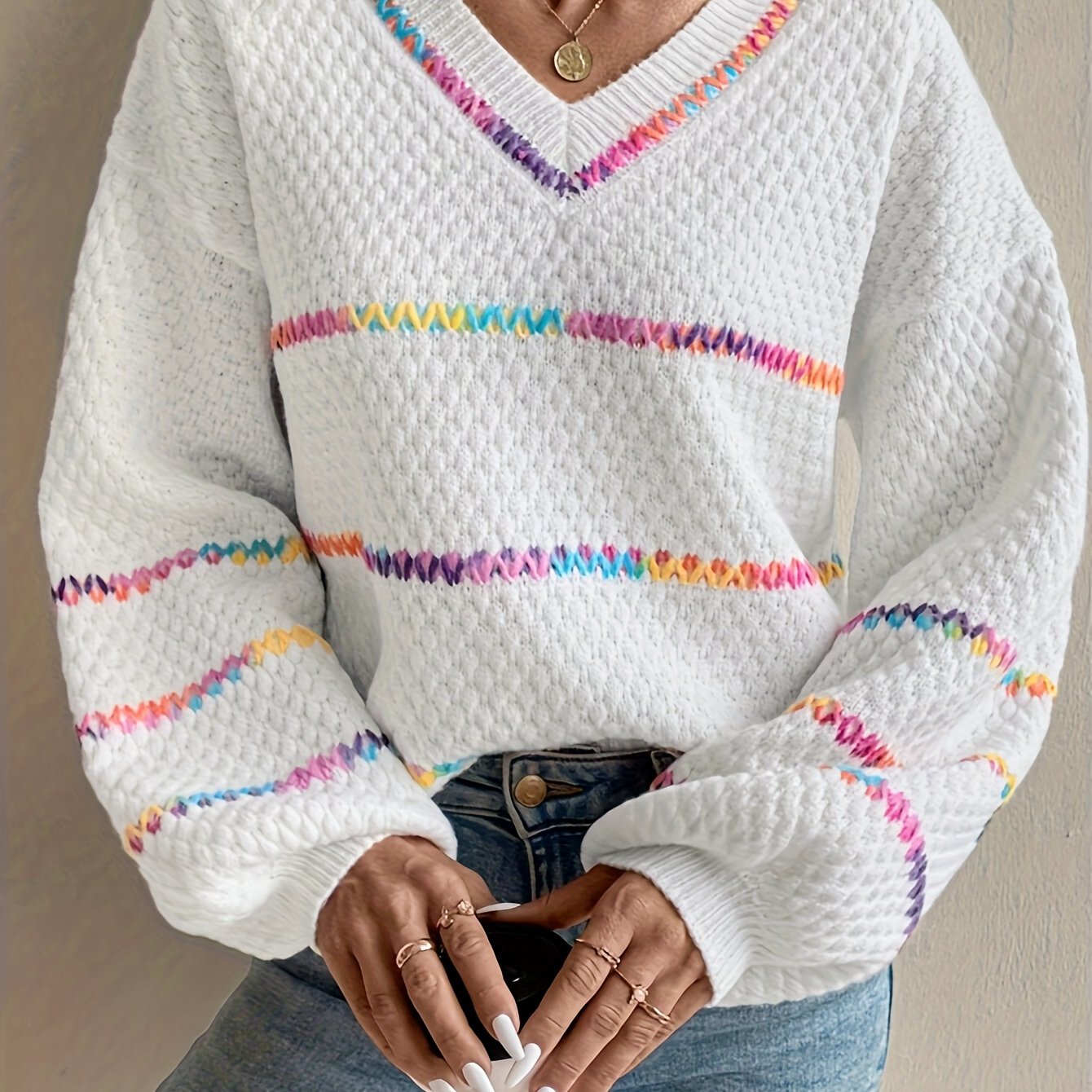 Women's Loose V-neck Sweater - Elegant Colorblock Striped Pullover, Soft Polyester Fiber, Relaxed Style For Casual Or Wear, Sweater | Elegant V-neck Sweater | Vibrant Details, Women's Sweater