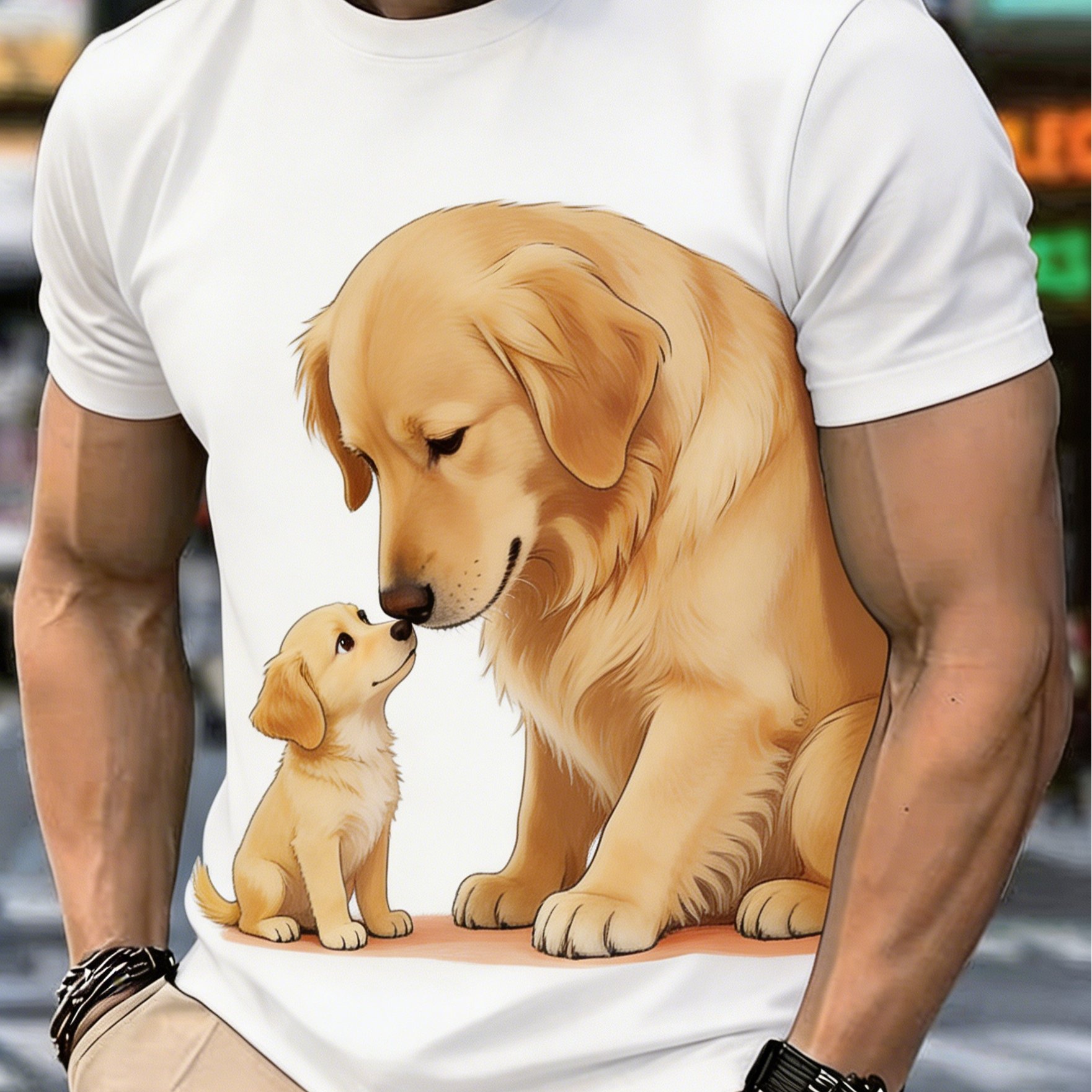 TEMU [printed Design - Not Textured] Golden Retriever Mother And Child Print Short-sleeve T-shirt, Parent-child Dog Illustration Men's Short-sleeve