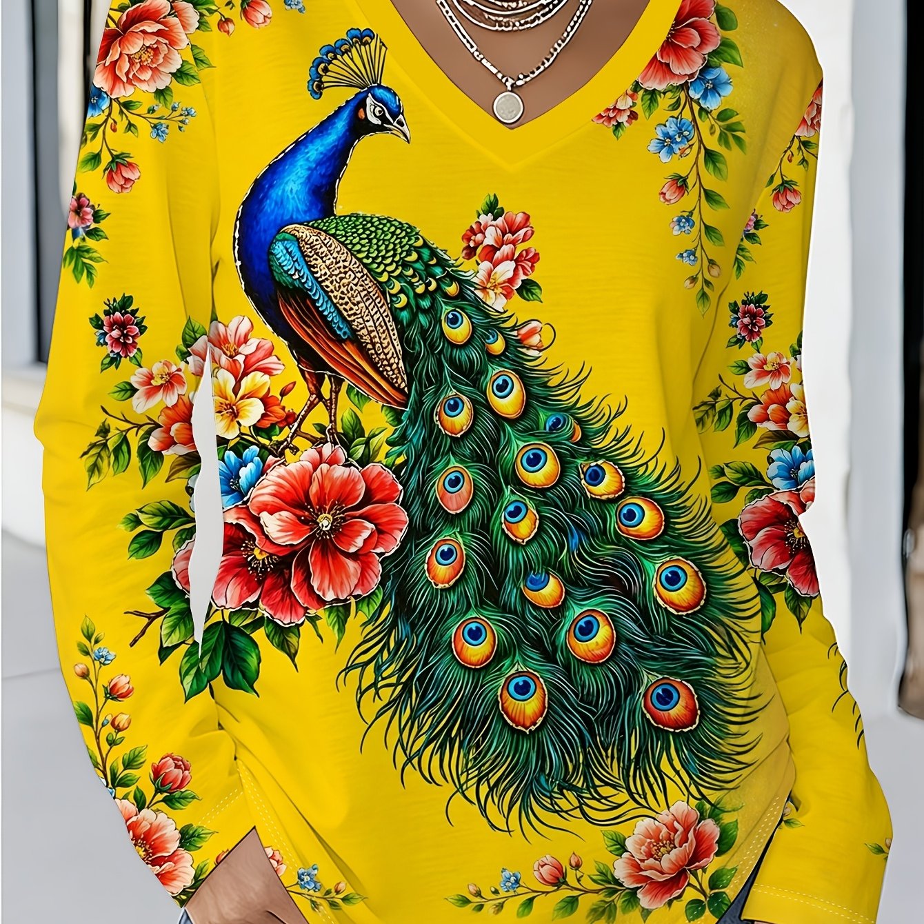 TEMU Plus Size - Women's Elegant Style Long Sleeve, Print V-neck Suitable For Spring Summer, Fashionable Vacation Casual Versatile Top