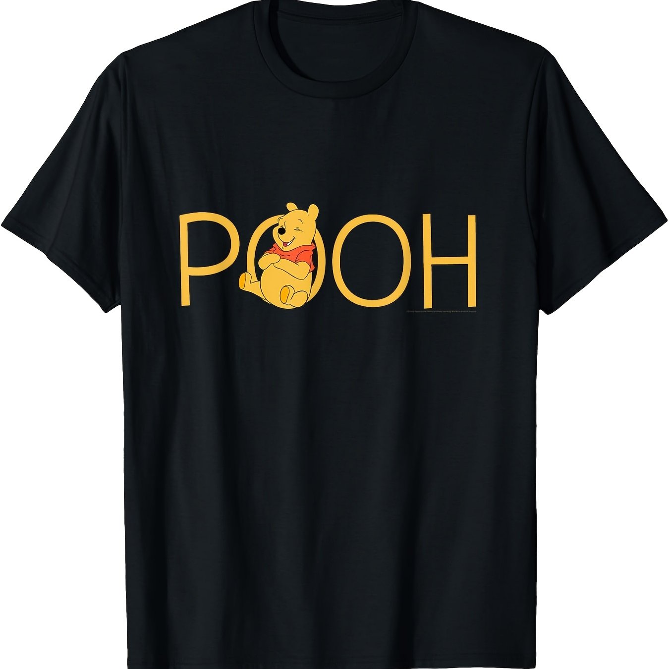 TEMU Winnie The Classic Letter Print T-shirt For Men - Soft Cotton, Short Sleeve, Crew Neck, Casual & , Black With Yellow "poq" Graphic Design, Shirt