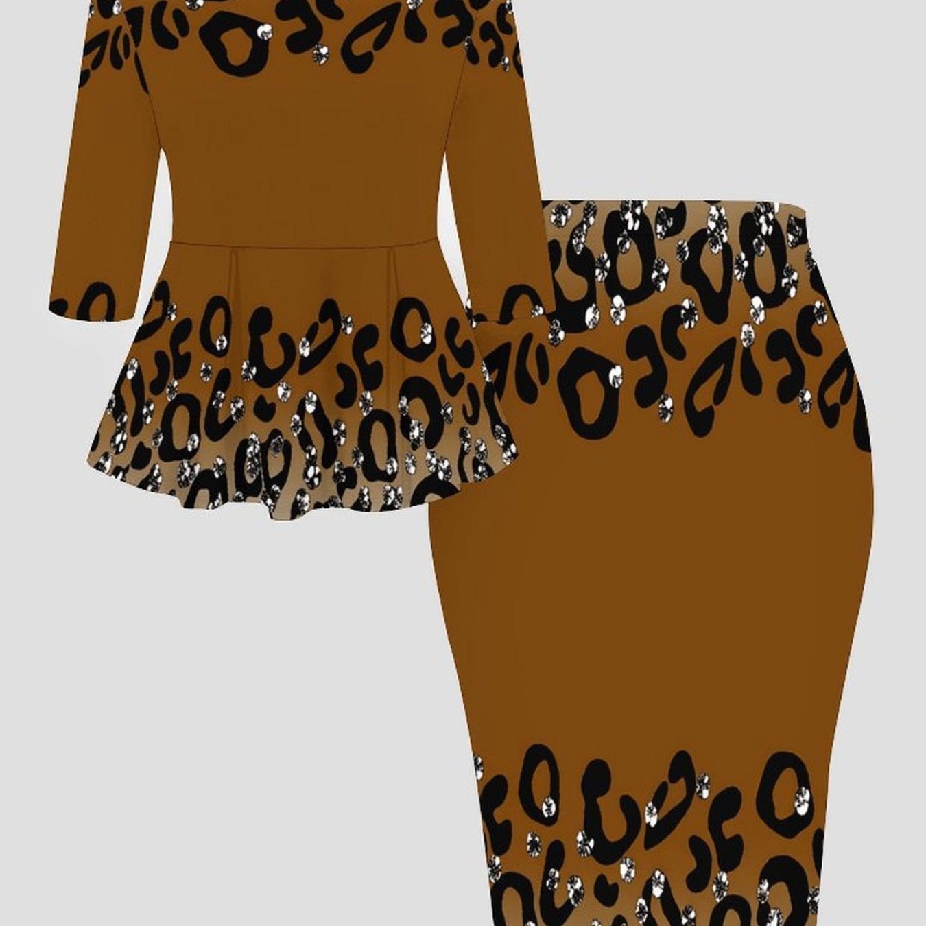 TEMU Ladies' Fashion Elegant Leopard Print Pattern Marked Ladies' Suit (three-quarter Sleeve Dress Tight-fitting Pencil Skirt