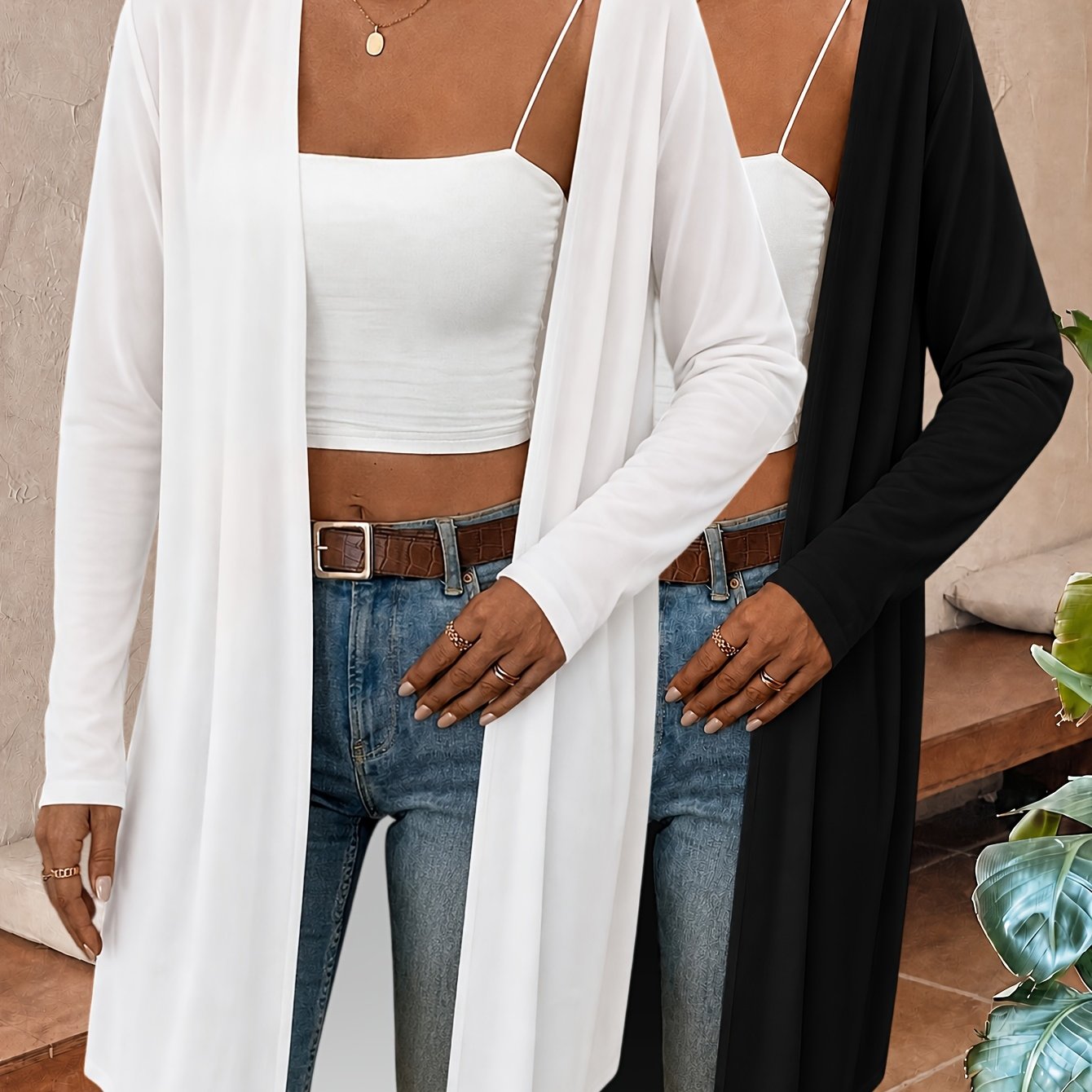 TEMU Women's Spring Autumn Thin Solid Color 2pcs Set Cardigan Casual Versatile Vacation Shopping Beach Essential Mid-length Coat