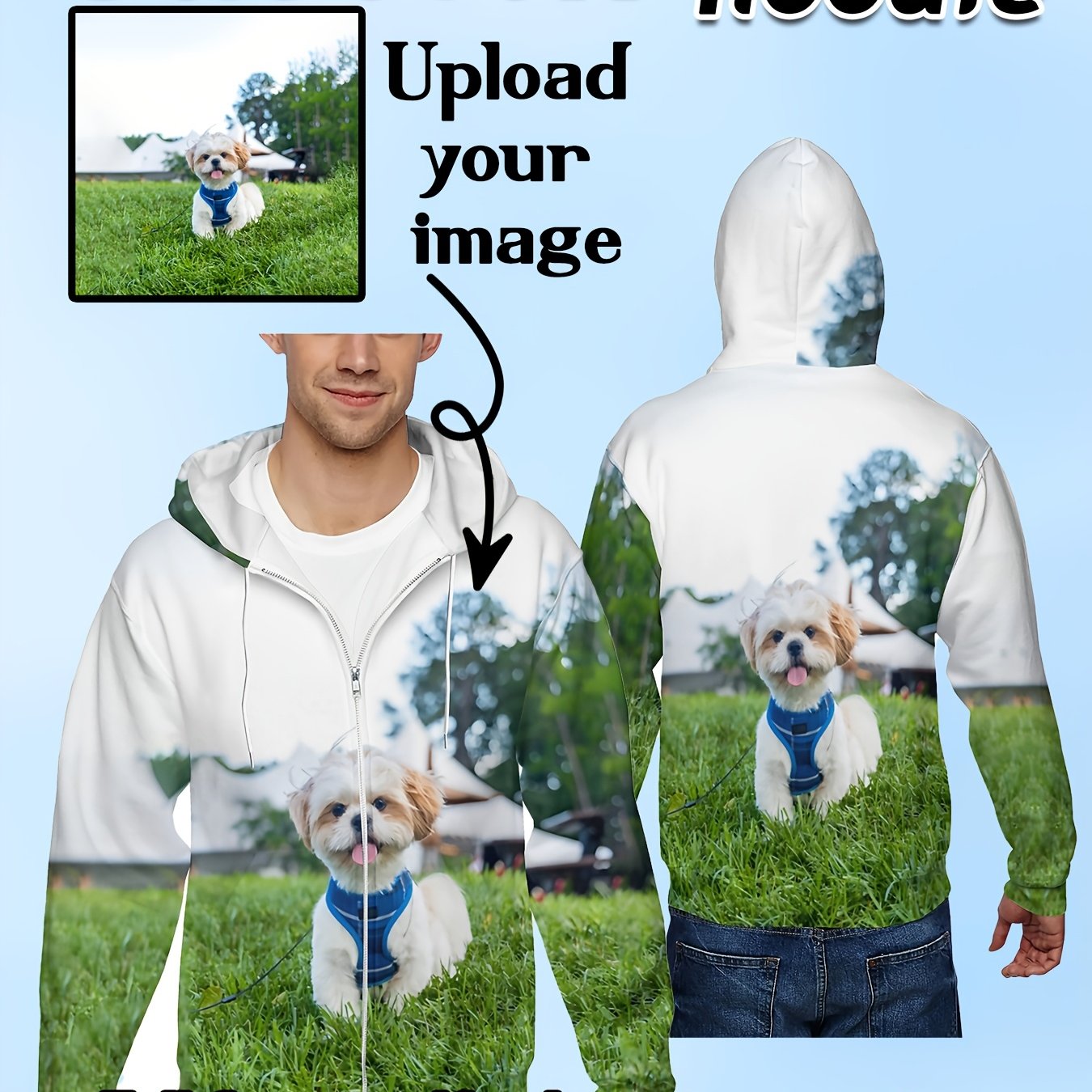 TEMU Customized Plus-size Men's Zip-up Hoodie, Custom Couple, Pet, And Personalized Photo Printing, Suitable For Daily Wear And Outdoor Sports,
