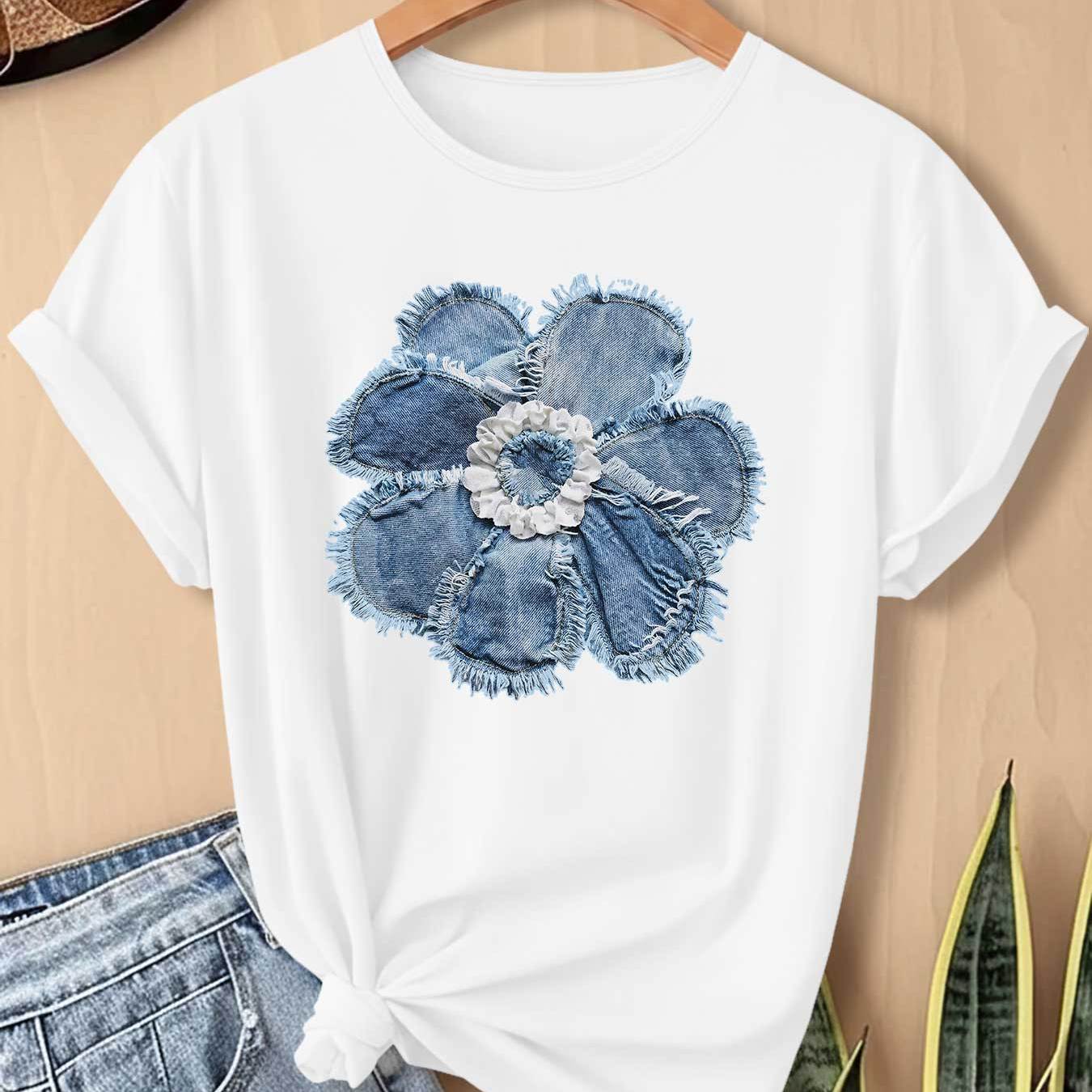 TEMU 1pc Women's Plus-size Denim Top - Stretchy Loose-fit Short-sleeve Shirt With Denim Texture & Floral Print, Crew Neck Suitable For Parties,,