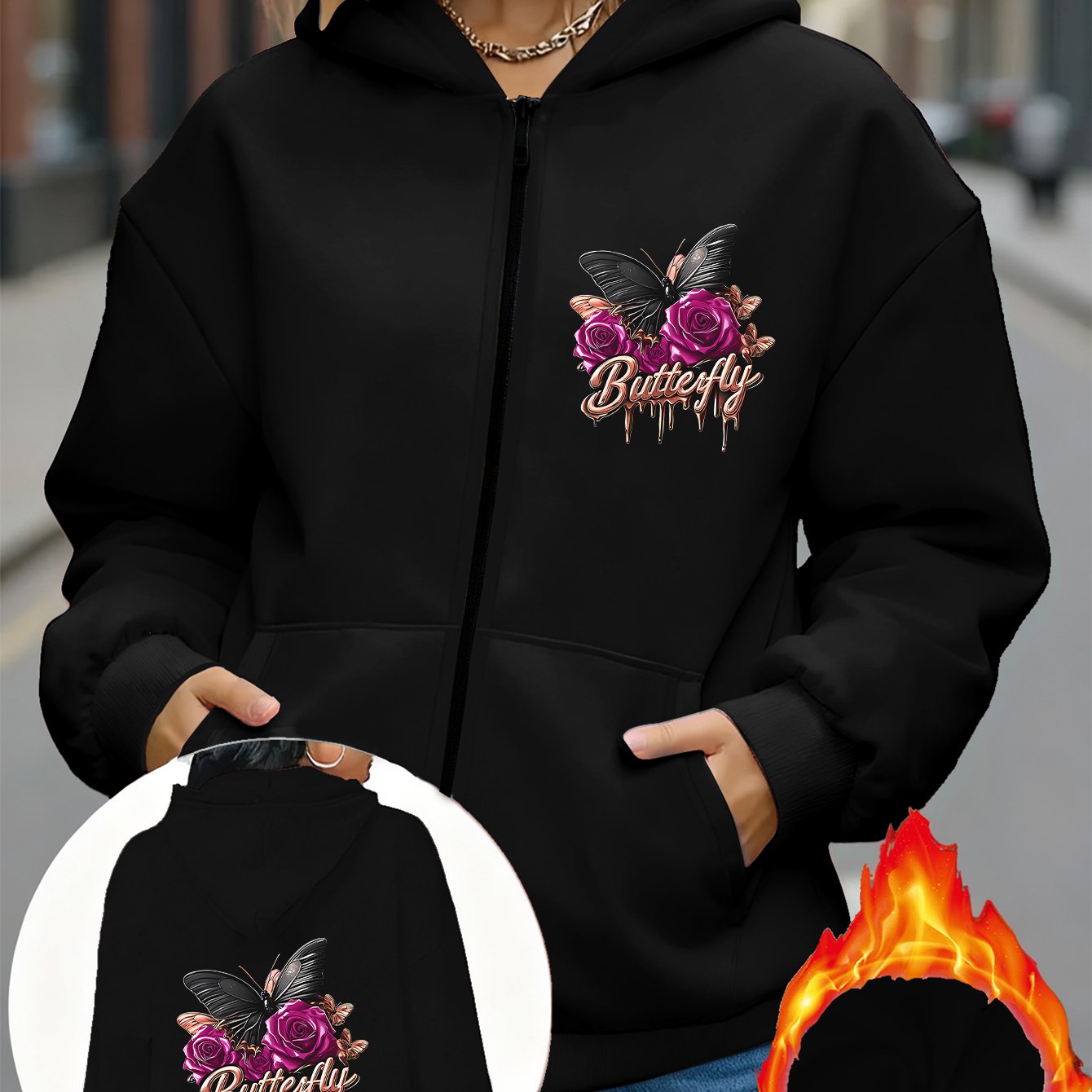TEMU 1pc Rose Print New Y2k Women's Sportswear Autumn And Winter Hooded Zip-up Fleece And Comfortable - Casual Jacket