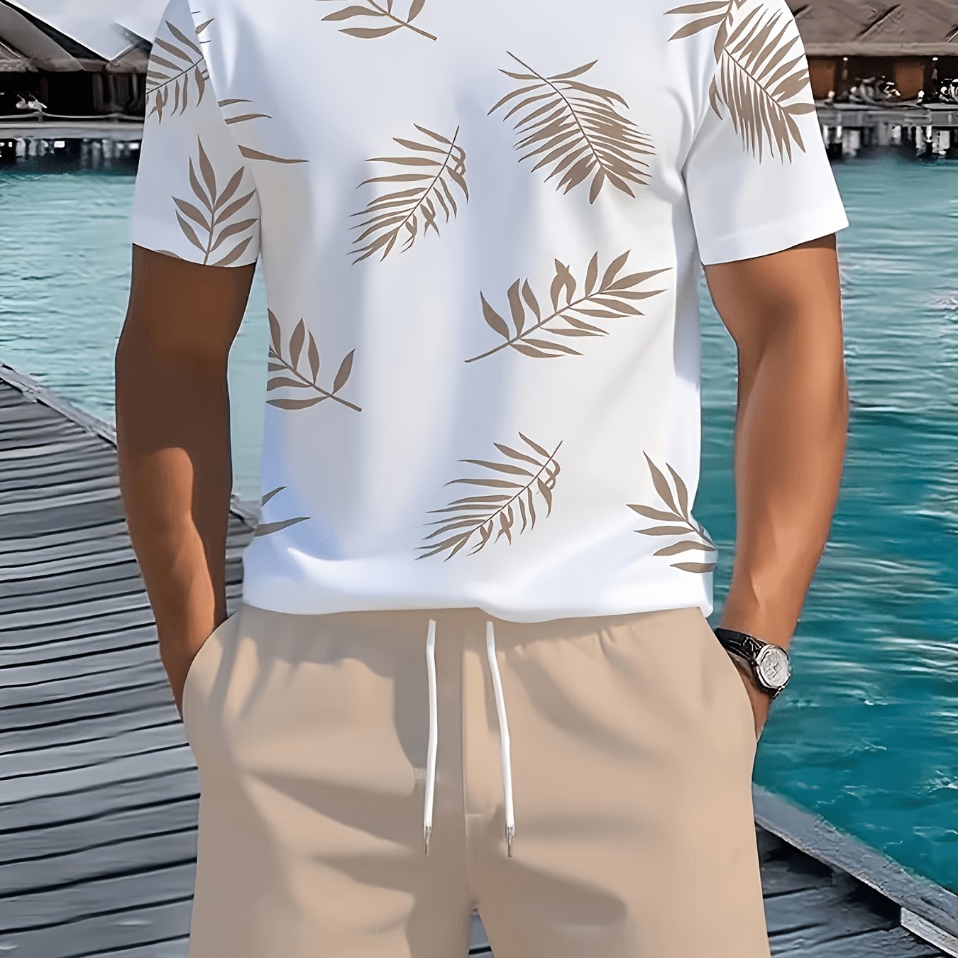 TEMU Ensemble décontracté pour homme, T-shirt et short confortables et respirants, 1 haut et 1 bas, imprimé de feuilles décontracté, 100% polyester,