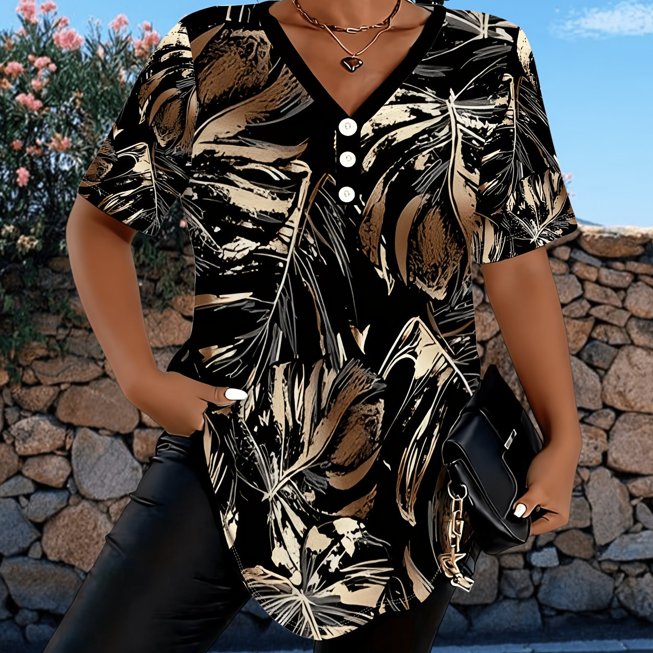 TEMU Women's Plus-size Tropical Print Short-sleeve Top, Featuring A V-neck And A Loose Design To Conceal , A Stylish And Versatile Shirt