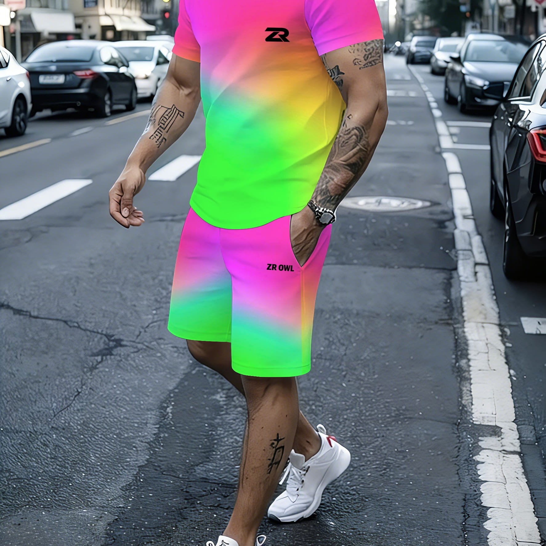TEMU Print Design- Not Textured Summer Trendy Brand Men's 3d Gradient Sportswear Set, Including Neck Short-sleeve T-shirt And Matching Casual Shorts.