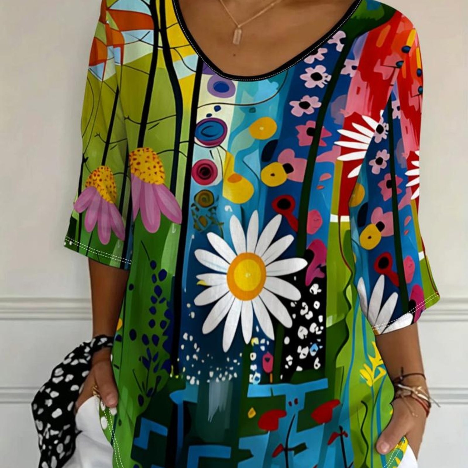 TEMU Plus Size, Plus-size Women's Top With Vibrant Floral Abstract Print, Surreal Style, Suitable For Daily Wear And Casual , Fashionable And