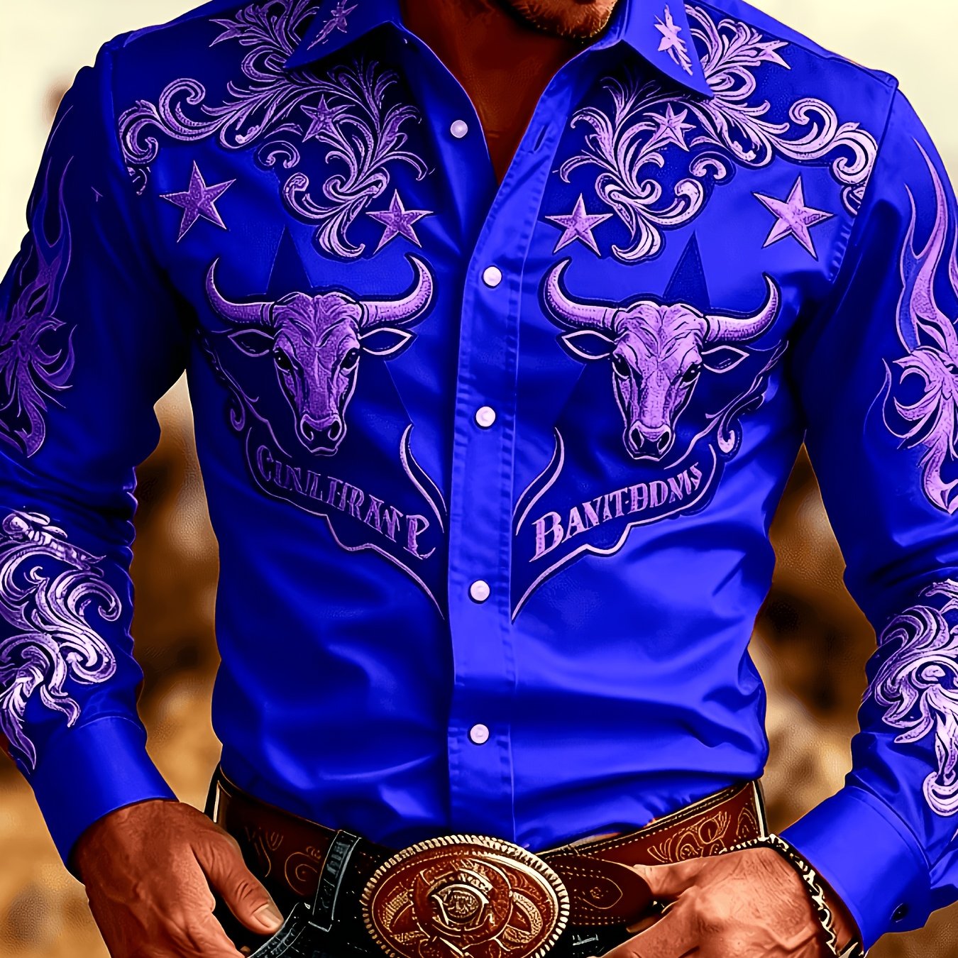 TEMU Vintage Western Cowboy Print Long-sleeve Shirt, And Stars Pattern Top, Suitable For Casual Outdoor And Daily Party Wear, Designed Specifically