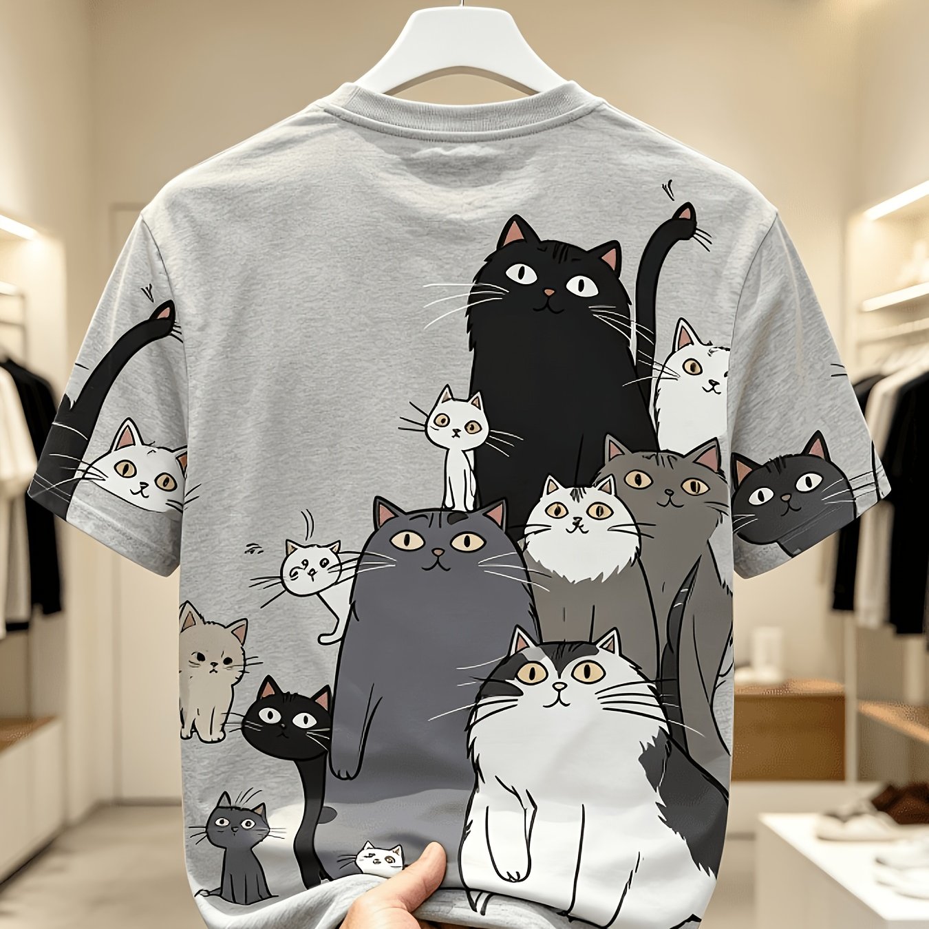 TEMU 남성용 고양이 프린트 티셔츠 - 통기성 좋은 크루넥 캐주얼 상의, 고양이 디자인, 기계 세탁 가능, 일상복 및 야외 스포츠용, 클래식 핏 고양이 테마 고양이 애호가를 위한 선물, 스타일리시한 여름 옷장 필수품