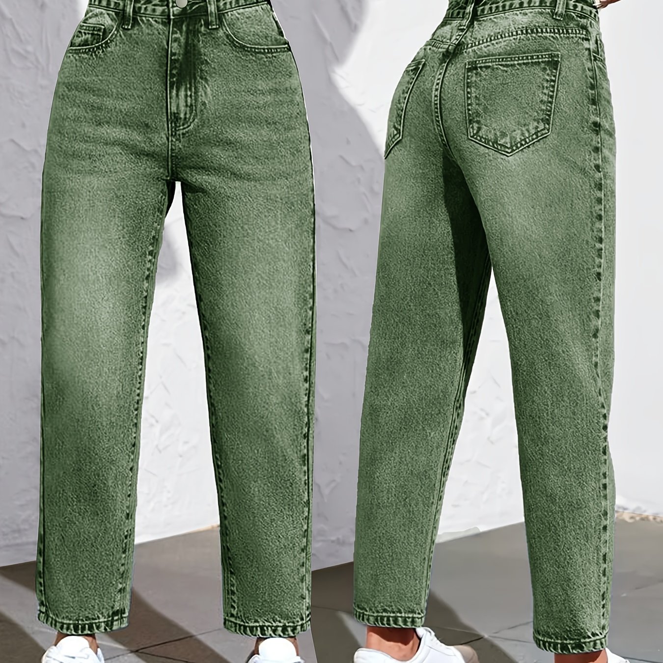 Ladies' 2026 High-waisted Military Green Straight-leg Jeans, Elegant 90s Ladies' Casual Pants With Pockets, Suitable For Travel And Work, Soft And Comfortable Washed Denim Fabric Long Pants