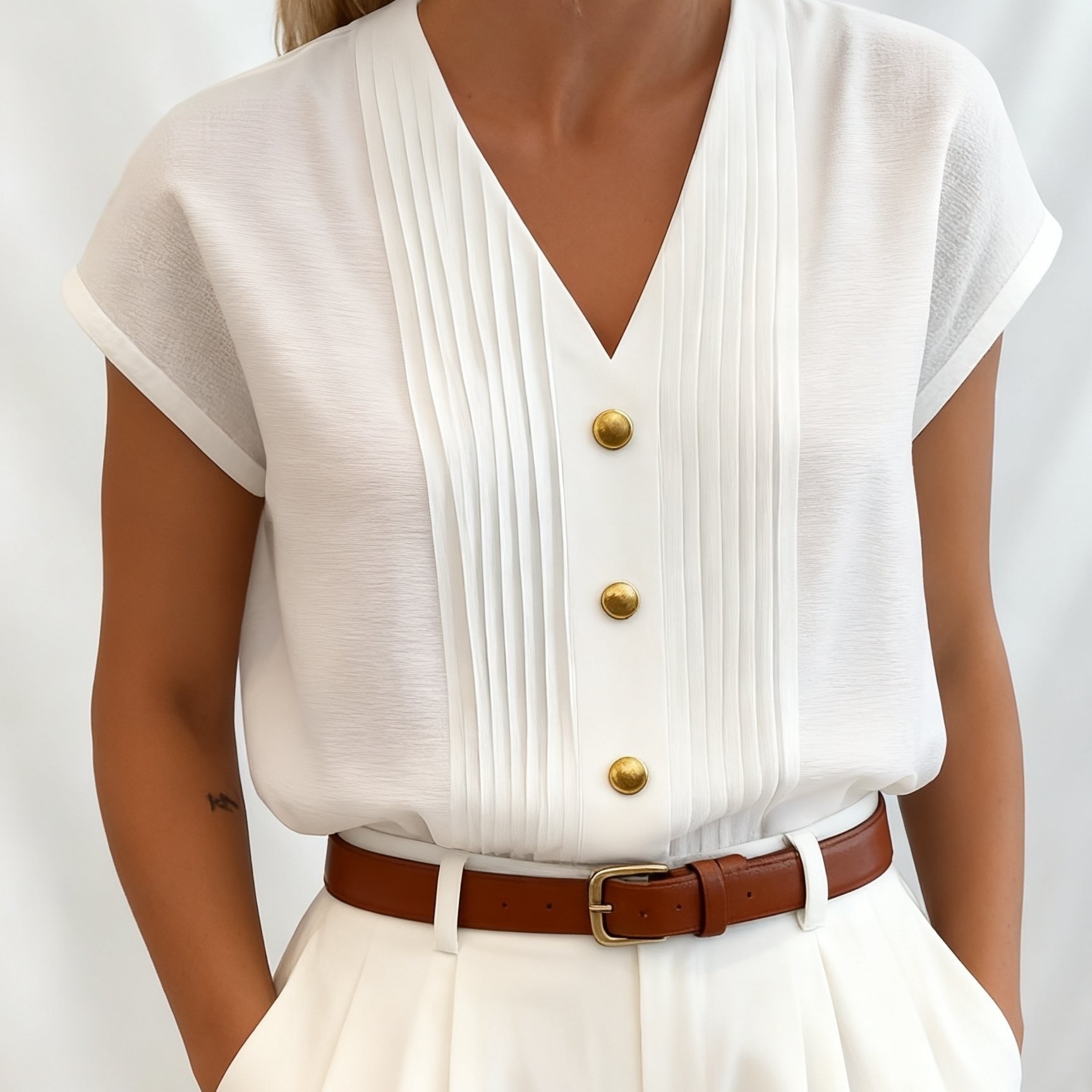 TEMU New Summer Fashion Women's Elegant Solid Color V-neck Single-breasted Batwing Sleeve Shirt