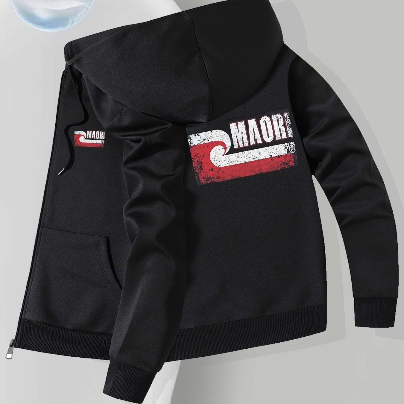 TEMU Men's Slim-fit Maori Print Hooded Jacket - Stylish Black Zip-up Casual Outerwear With Pockets, Fall/winter, Hooded Jacket
