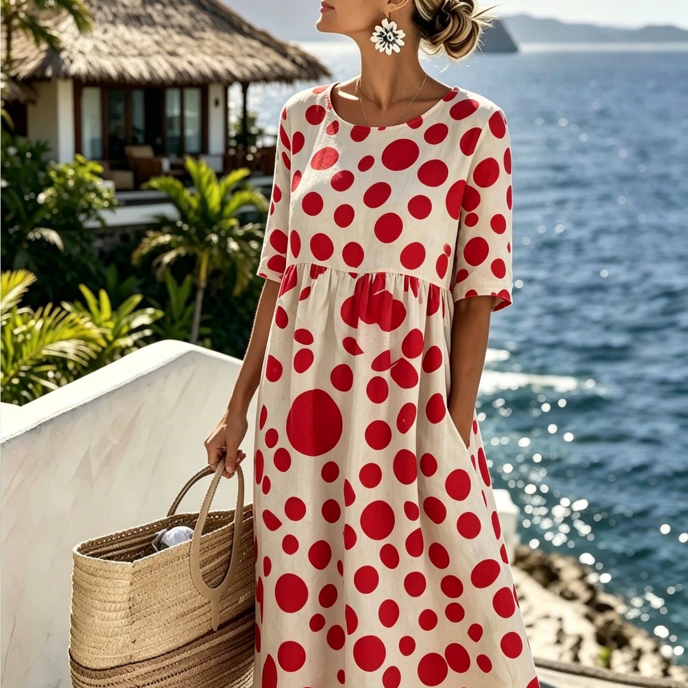 Women's Geometric Print Mid-length Dress - Round Neck, Half Sleeves With Pockets, Casual Loose Summer Dress, Suitable For Vacation, Beach, And Casual Attire