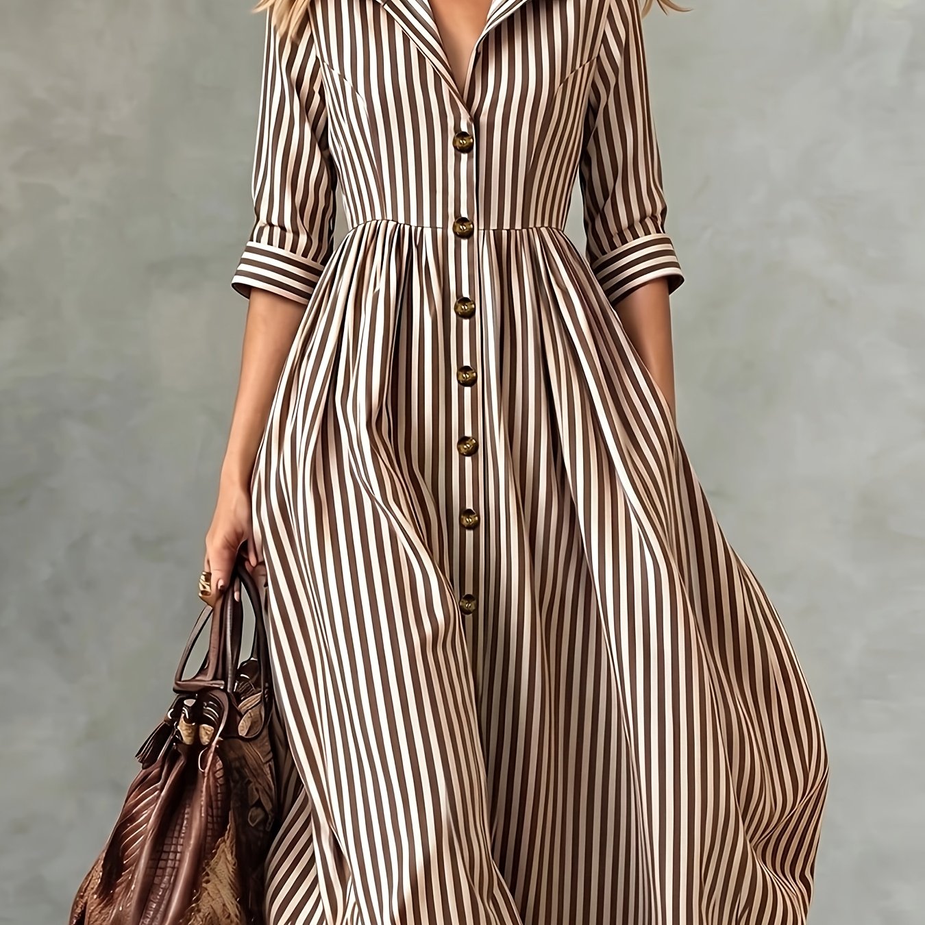 TEMU Plus Size - Spring Autumn Striped Shirt Dress Women's Lapel Single Button Three-quarter Sleeve Waist-cinching Long Vacation Dress