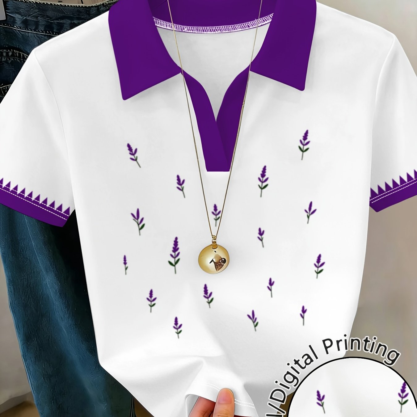 TEMU Women's Shirt Lavender Printing Design Fashionable Casual Versatile Summer New Breathable Comfortable Top Suitable For Daily Commuting Travel