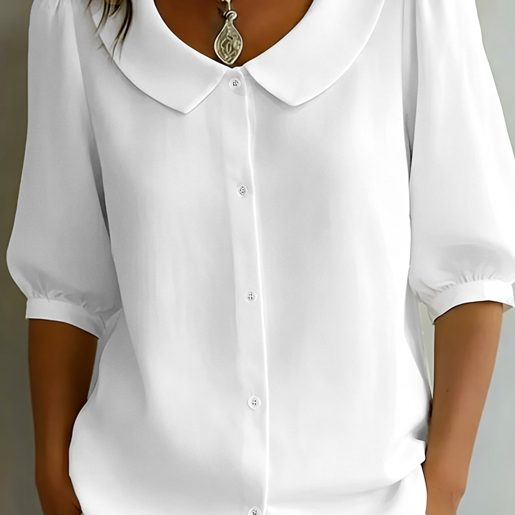 TEMU Plus Size - Women' Peter Pan Collar Puff Sleeve Chiffon Blouse, Elegant Button-up Cardigan, Office Casual Dual-use, Lightweight Breathable Top,