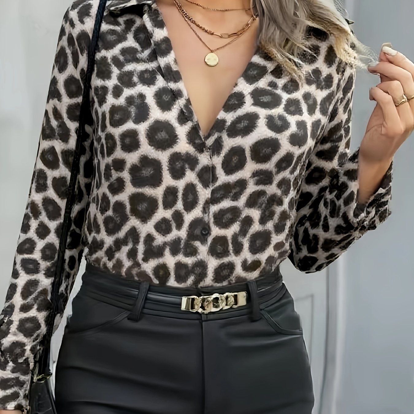 Fronage - Camicie da donna con stampa leopardata, a maniche lunghe, stile casual, 09 H Arancione, Small