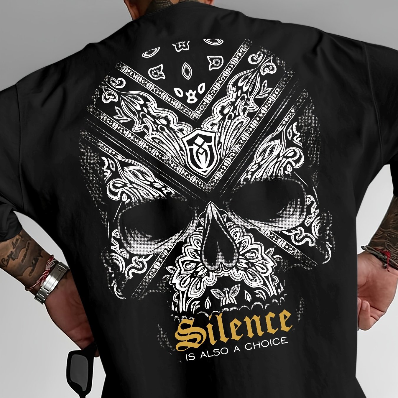 TEMU Men's Heavyweight T-shirt - The Back Is Printed With A Skull And Bones Pattern, As Well As The Words " Is A ". Suitable For Casual Summer Wear.