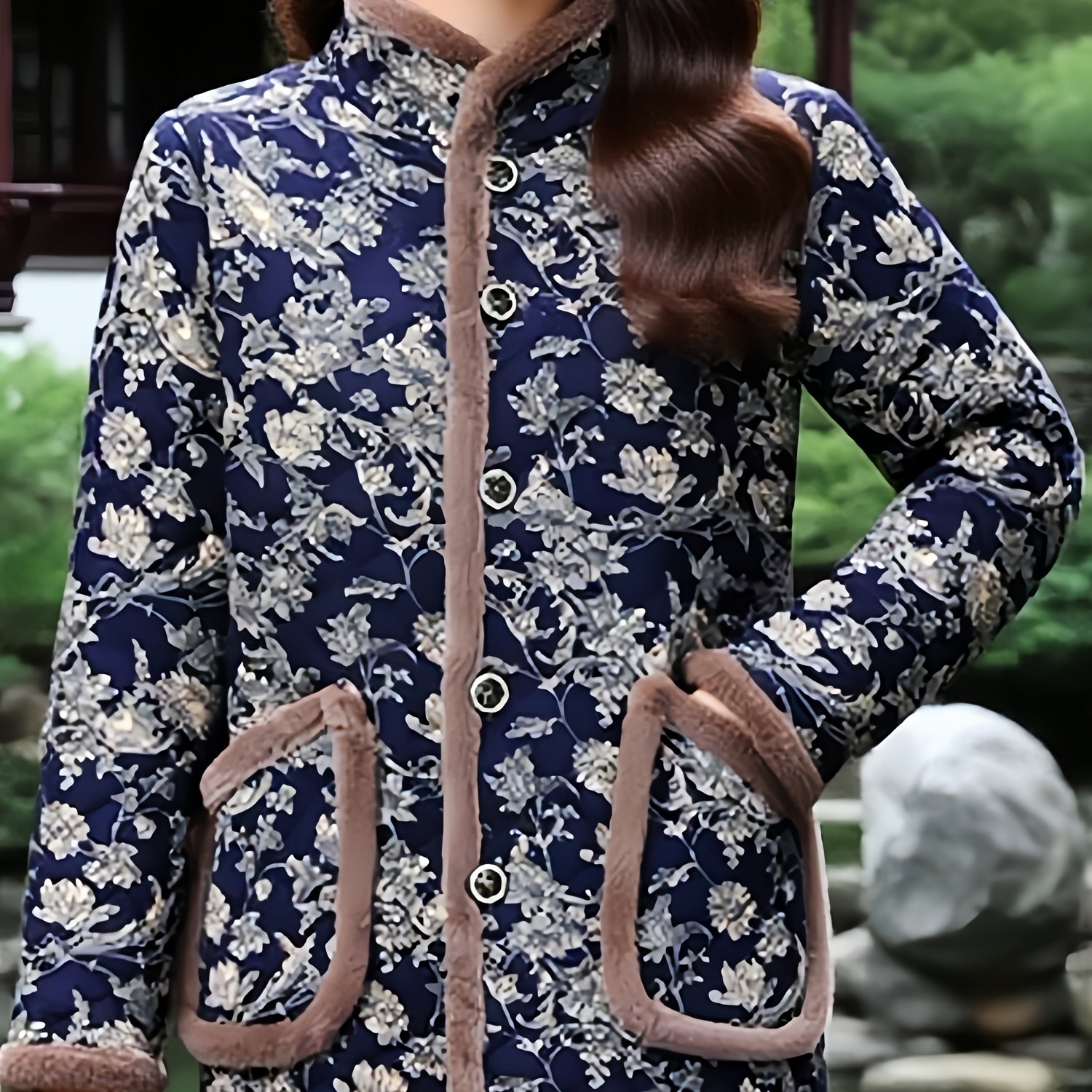 TEMU Navy Blue Chinese Floral Winter Coat - Vintage Oriental Button Front Jacket With Plush Trim, Warm Elegant Parka Outerwear Suitable For Weather &
