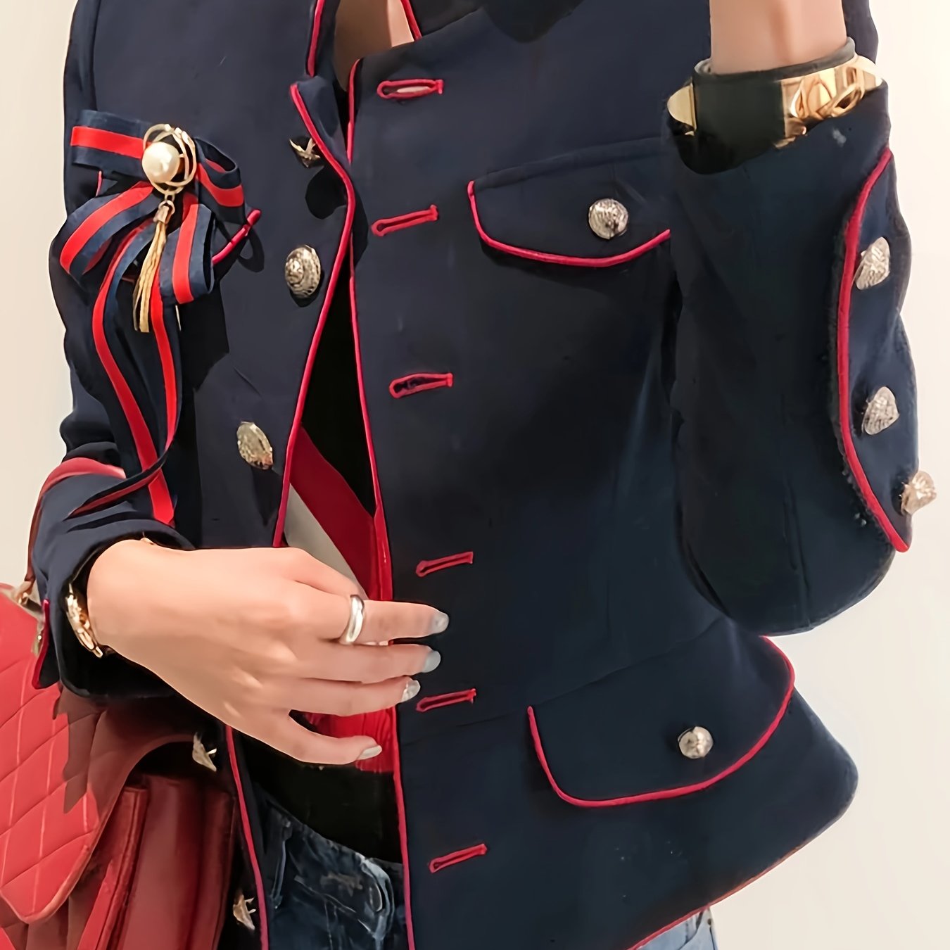 Spring/autumn New Arrival Navy Blue Contrast Red Trim Collar Button Knot Cropped Jacket For Women, Vintage Classic Elegant Style, Waist-cinching Top