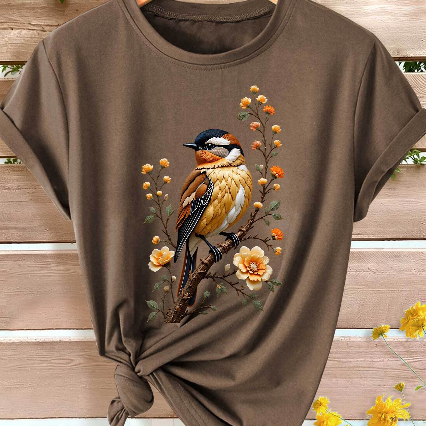 TEMU Summer Elegant Casual Vacation T-shirt, Realistic Bird And Branch Pattern Print, Plus Size Women's Spring Summer Casual Athletic Style,