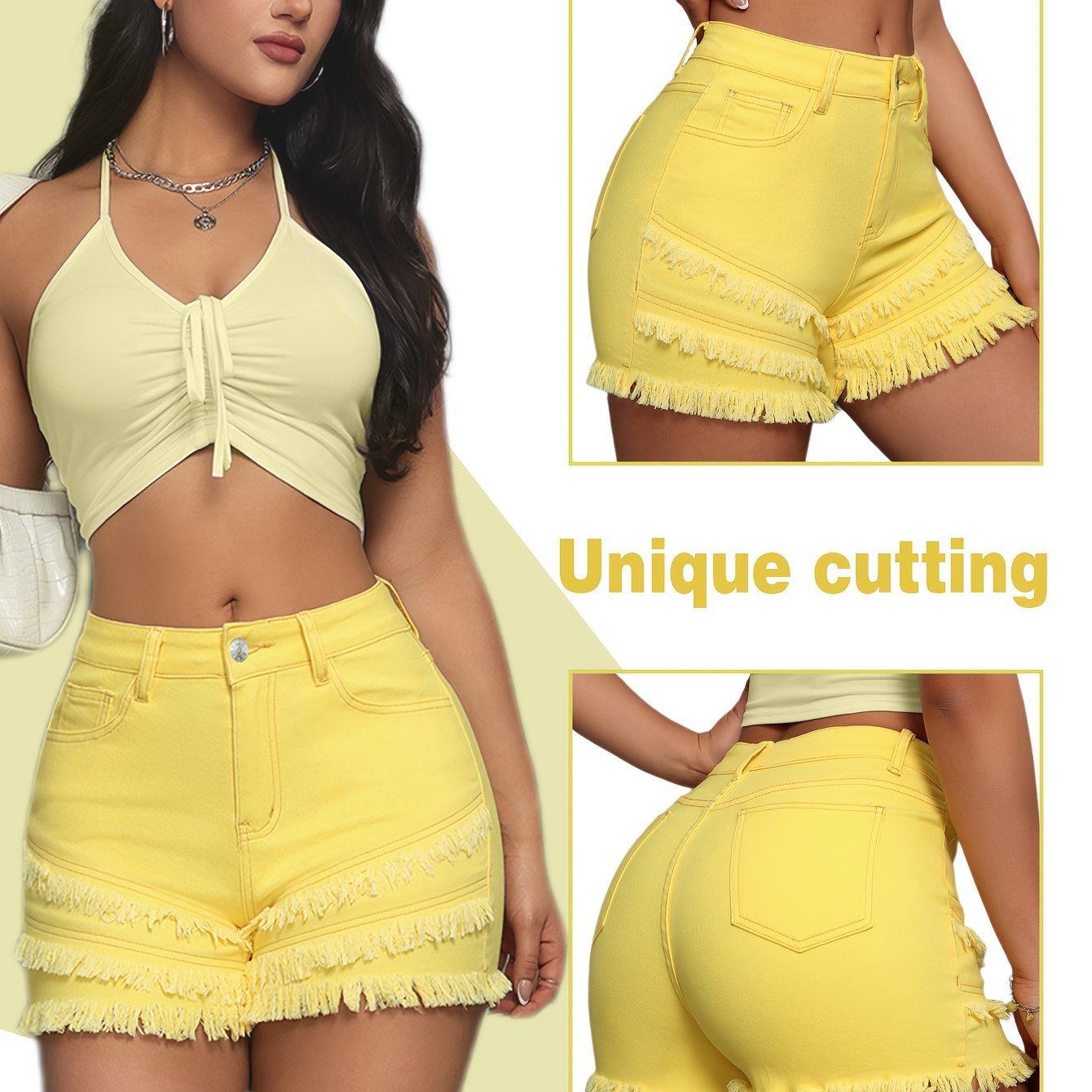 Yellow Fashionable Tassel Stretchy Shorts Denim Shorts