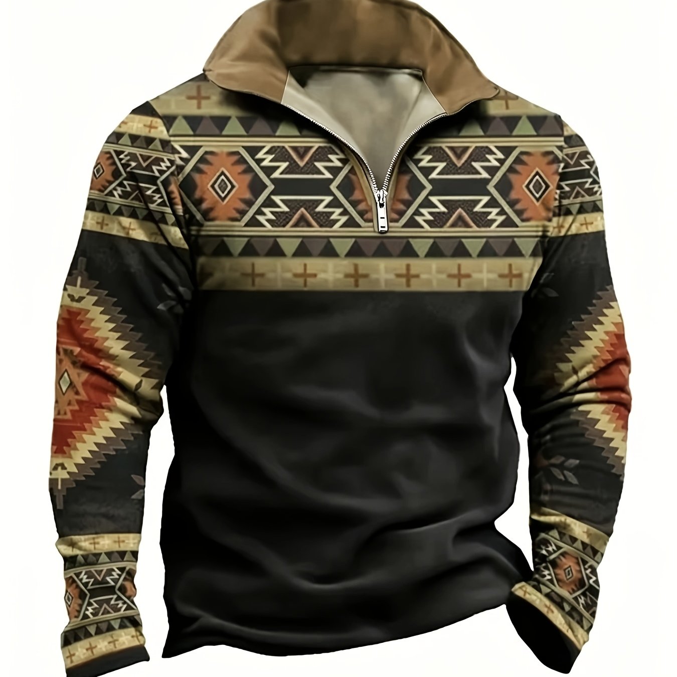 TEMU Men's Vintage Half-zip Lapel Shirt With Zippered Collar & Geometric - Warm Long Sleeve Suitable For Spring/autumn, Machine Washable Outdoor