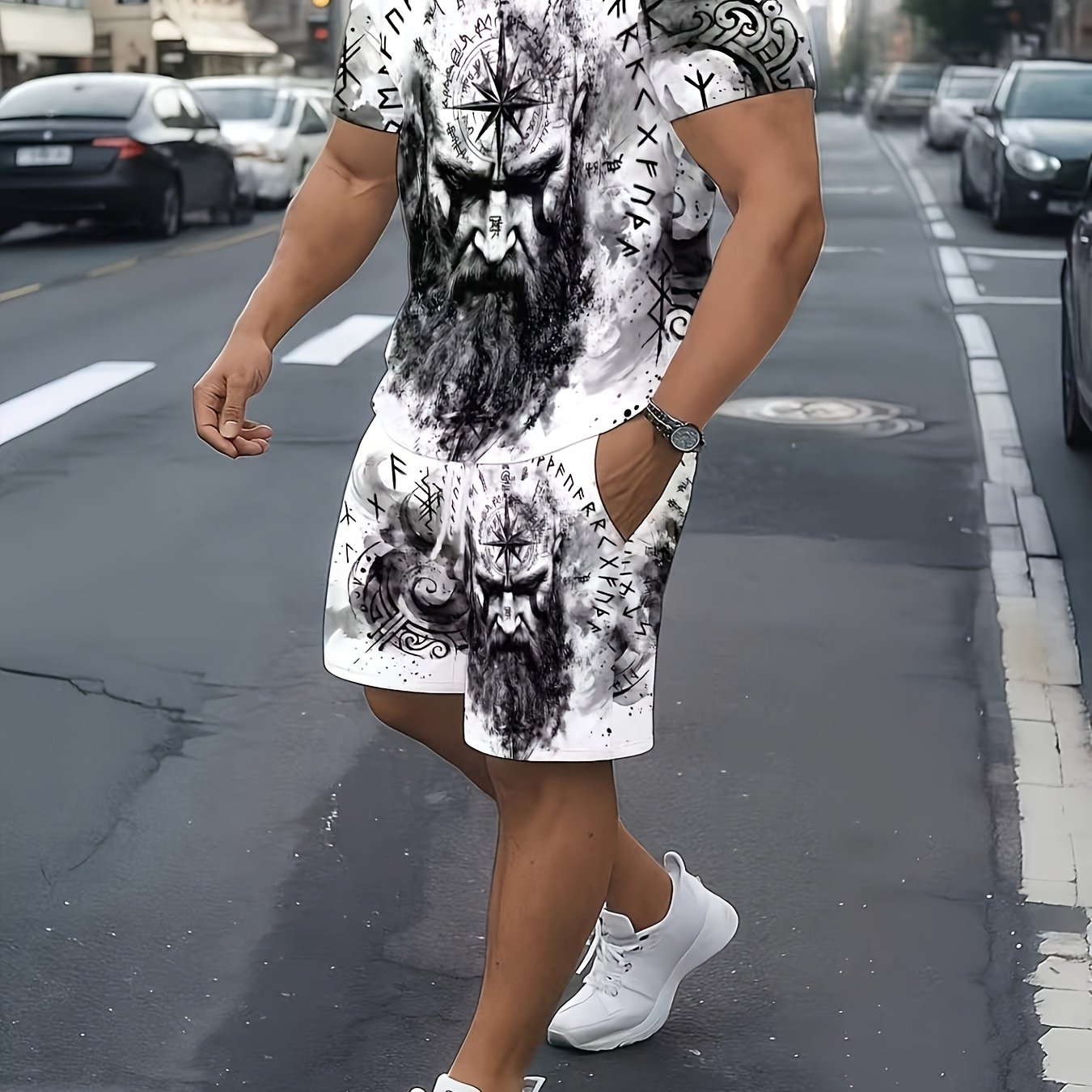 TEMU Men's 2d Printed Short Sleeve Shirt And Shorts Set, Pattern Casual Streetwear With Nordic Symbols, Designed For Tall Men, Plus Size
