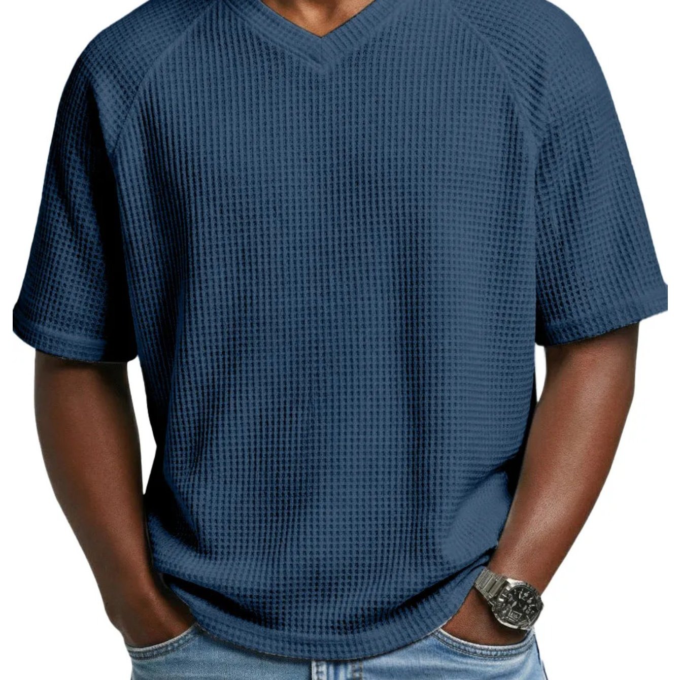 2026 Spring Summer Men Waffle Knit Raglan Sleeve V Neck Short Sleeve T Shirt (refer To Size Chart)