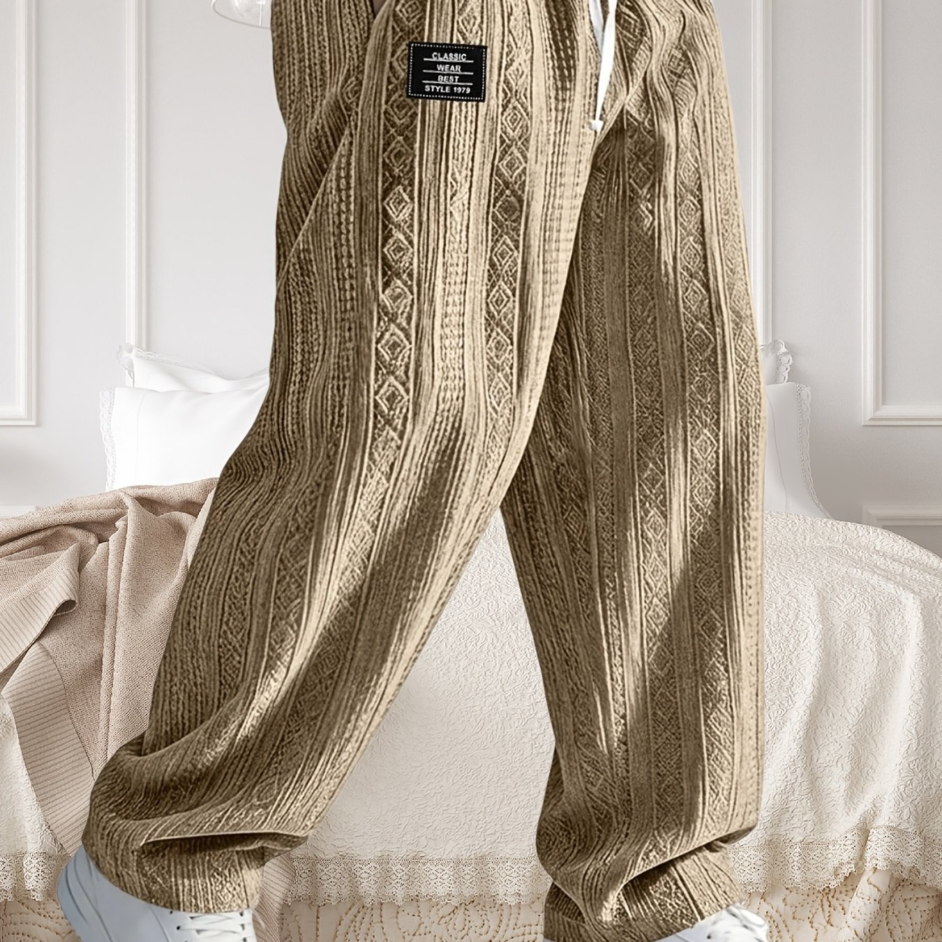 Image of 2026 Men's Jacquard Knit Wide Leg Casual Trousers With Elastic Drawstring Waist, Straight Loose Fit, Vintage Textured Sweatpants