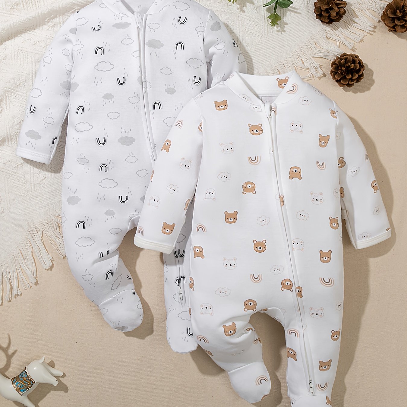 Image of 2pcs Boys' Footed Bodysuit, Bear Print, Pure Long-sleeved Romper, Spring/autumn Transition Wear, Front Zipper Design, Outing Set, Suitable For Newborns 0-24 Months, Use, Perfect For Outdoor