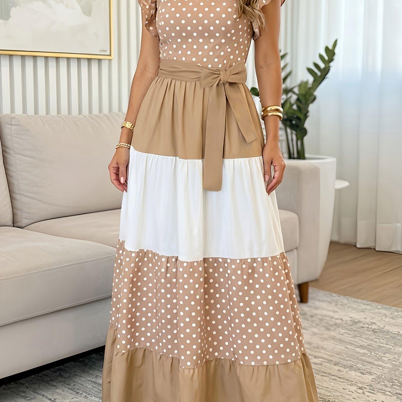 TEMU Women's Vacation Leisure Printed Sleeve Polka Dot Belted A-line Dress
