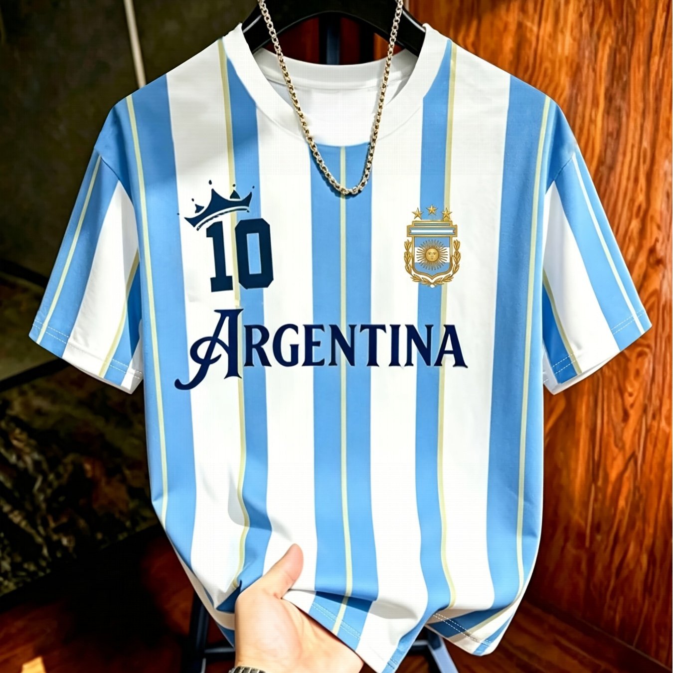 TEMU - And White Vertical Stripe Argentina-style Football Short Sleeve Shirt, Crown Handwritten Font With 3 Stars Shield Print, Mesh Quick-dry