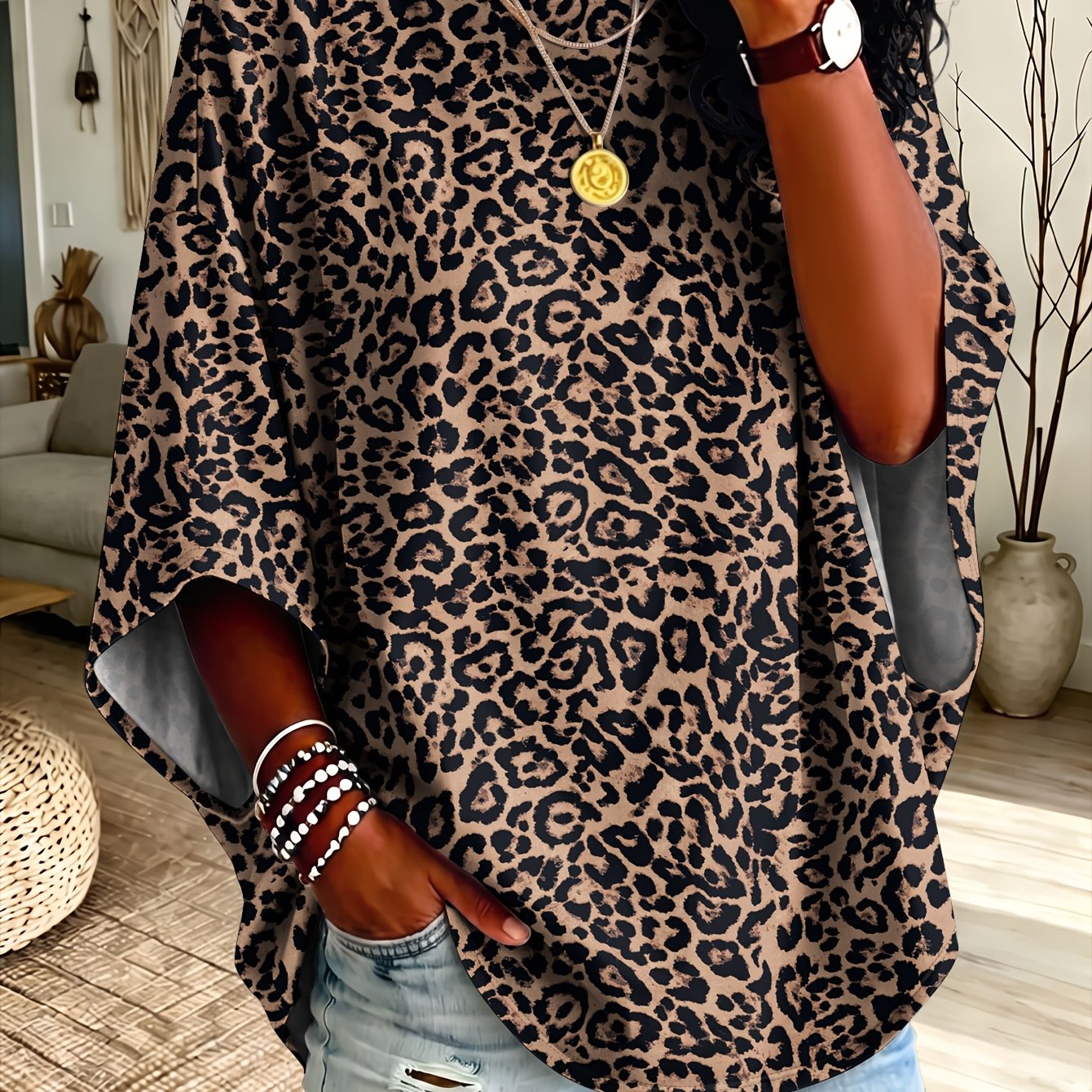 TEMU Plus Size, Plus Size Women's Vintage Leopard Print T-shirt, Loose Neck Drop Shoulder 3/4 Sleeve Top, And Figure-flattering For Daily Casual And