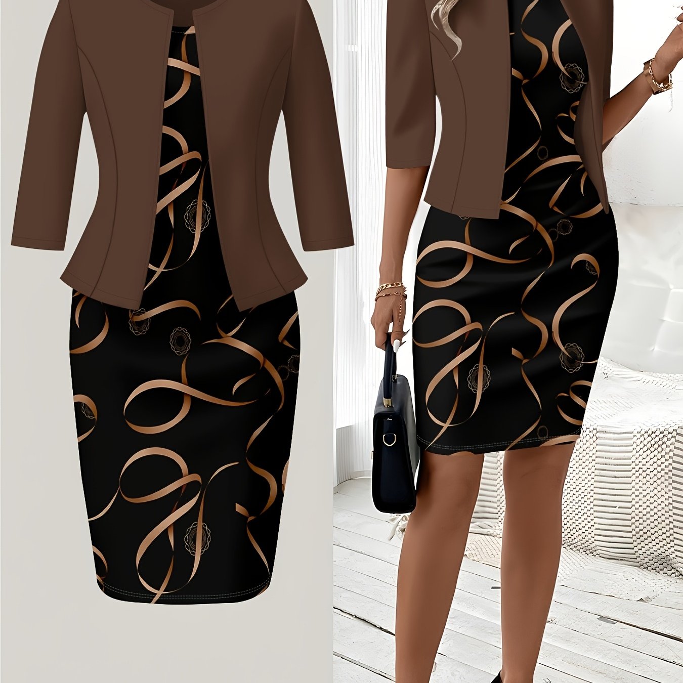 E-shop Bedrucktes Design Herbst- und Winterstile Lässiger Stil Braune Wirbel auf schwarzem Hintergrund Rundhals Kleid Anzug